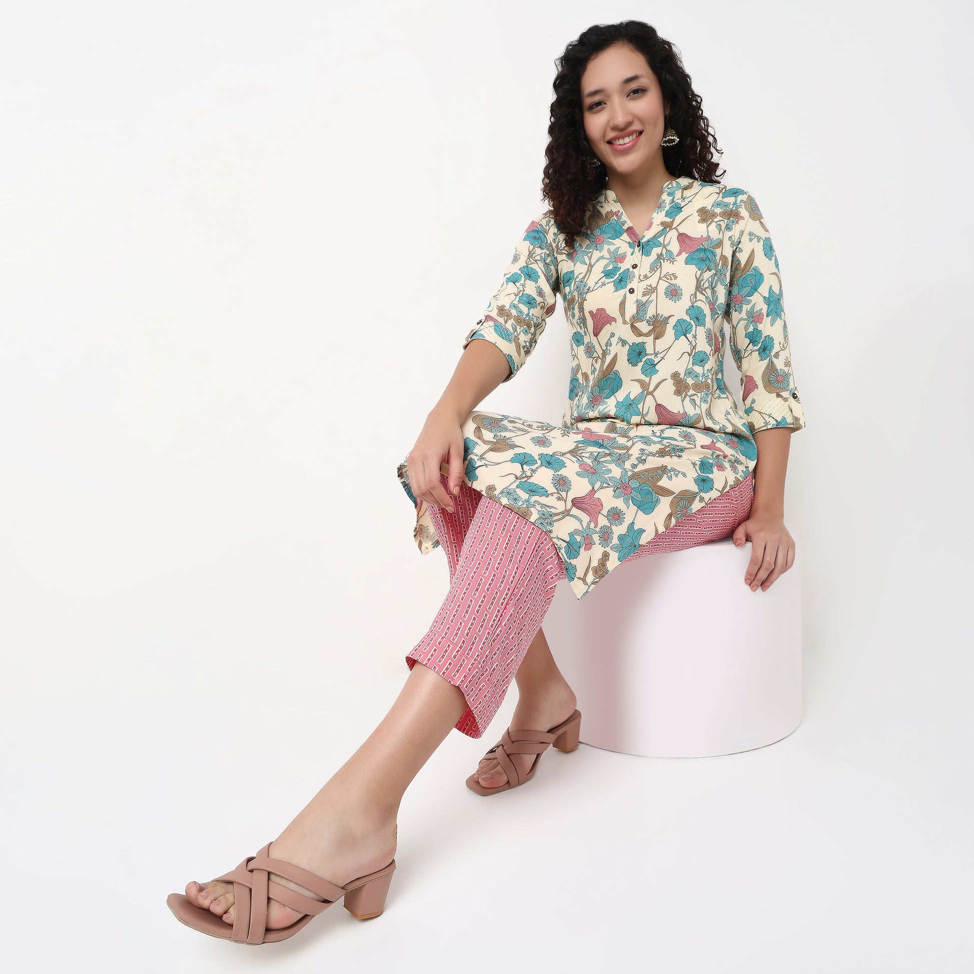 Printed Half Placket Straight Long Kurta