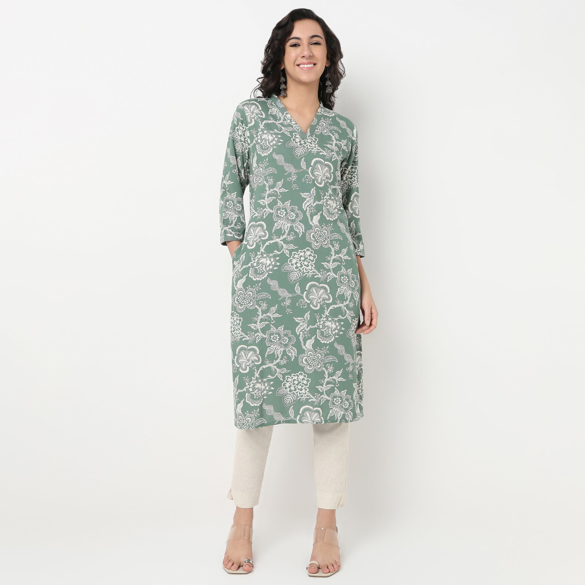 Order Now Women Printed V Neck Straight Fit Ethnic Wear Kurta by Style Union