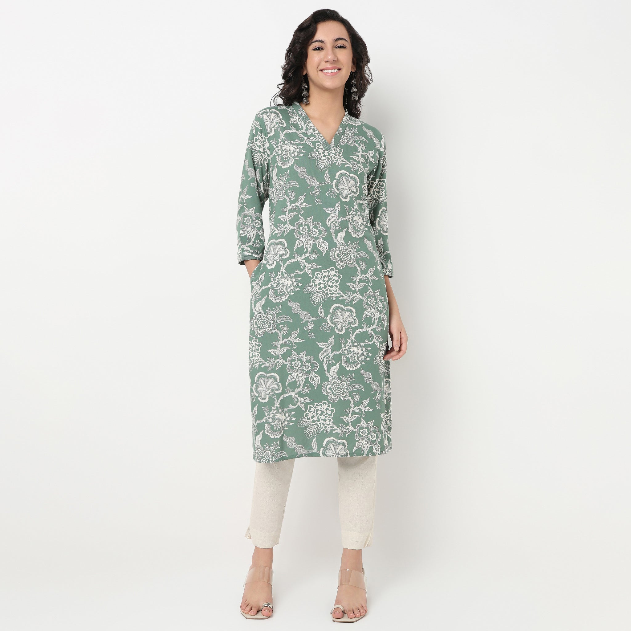 Order Now Women Printed V Neck Straight Fit Ethnic Wear Kurta by Style Union