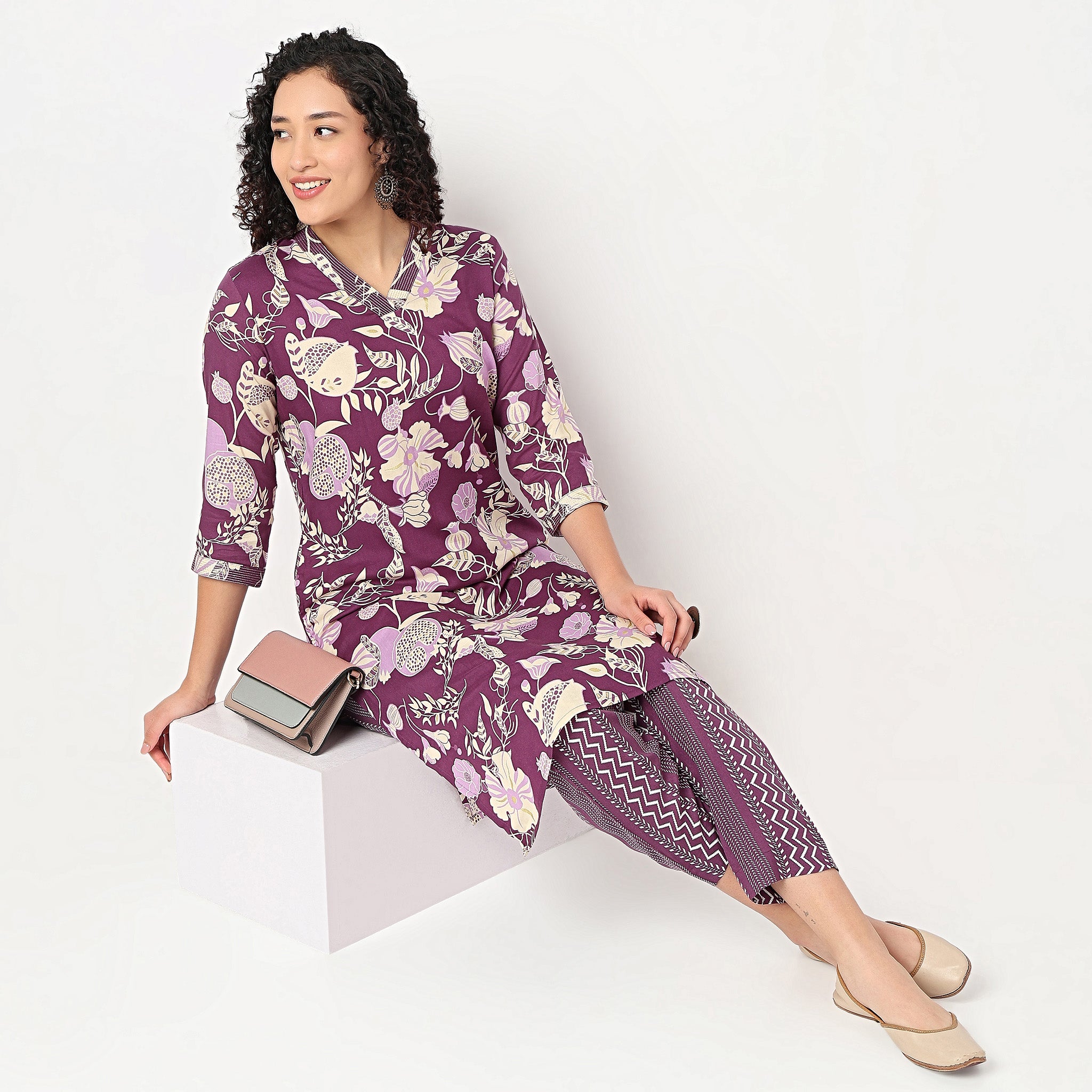 V-Neck Printed Long Kurta