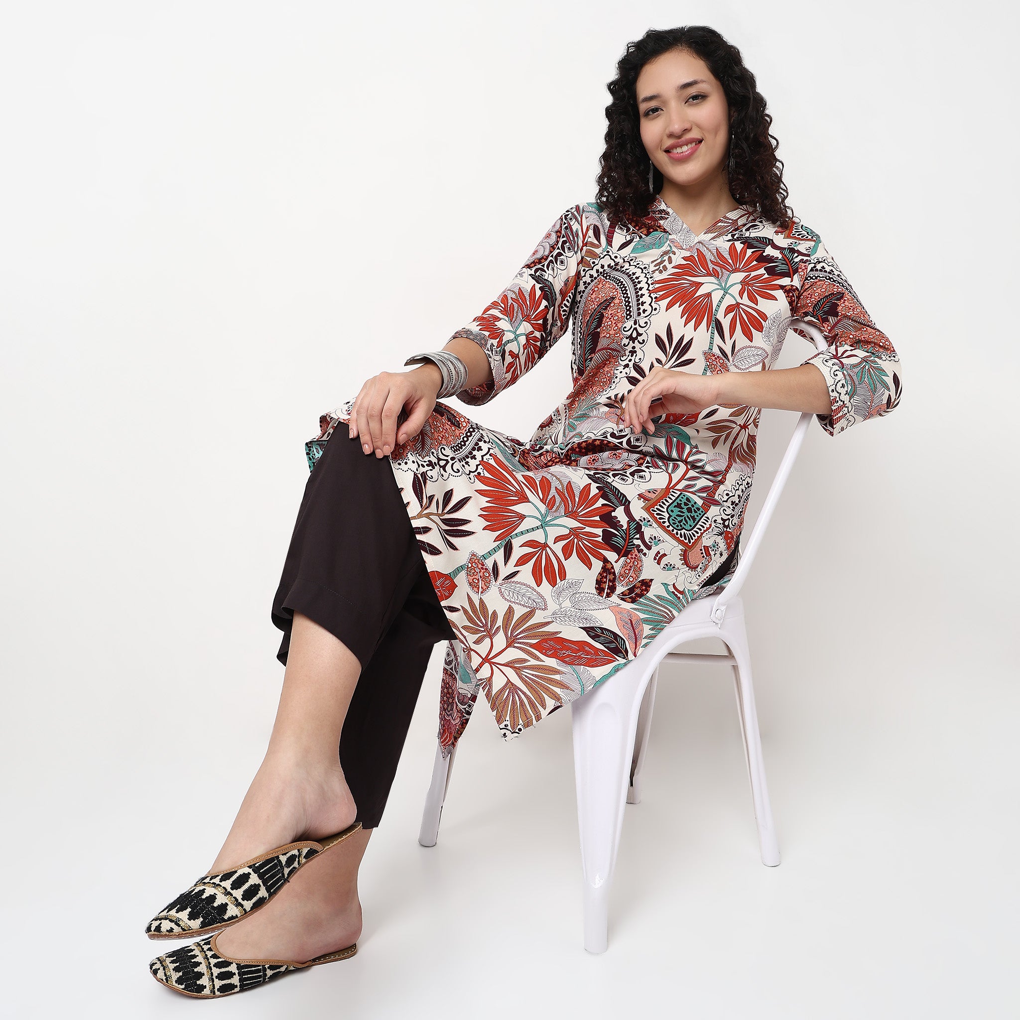 V-Neck With Couching Straight Long Kurta