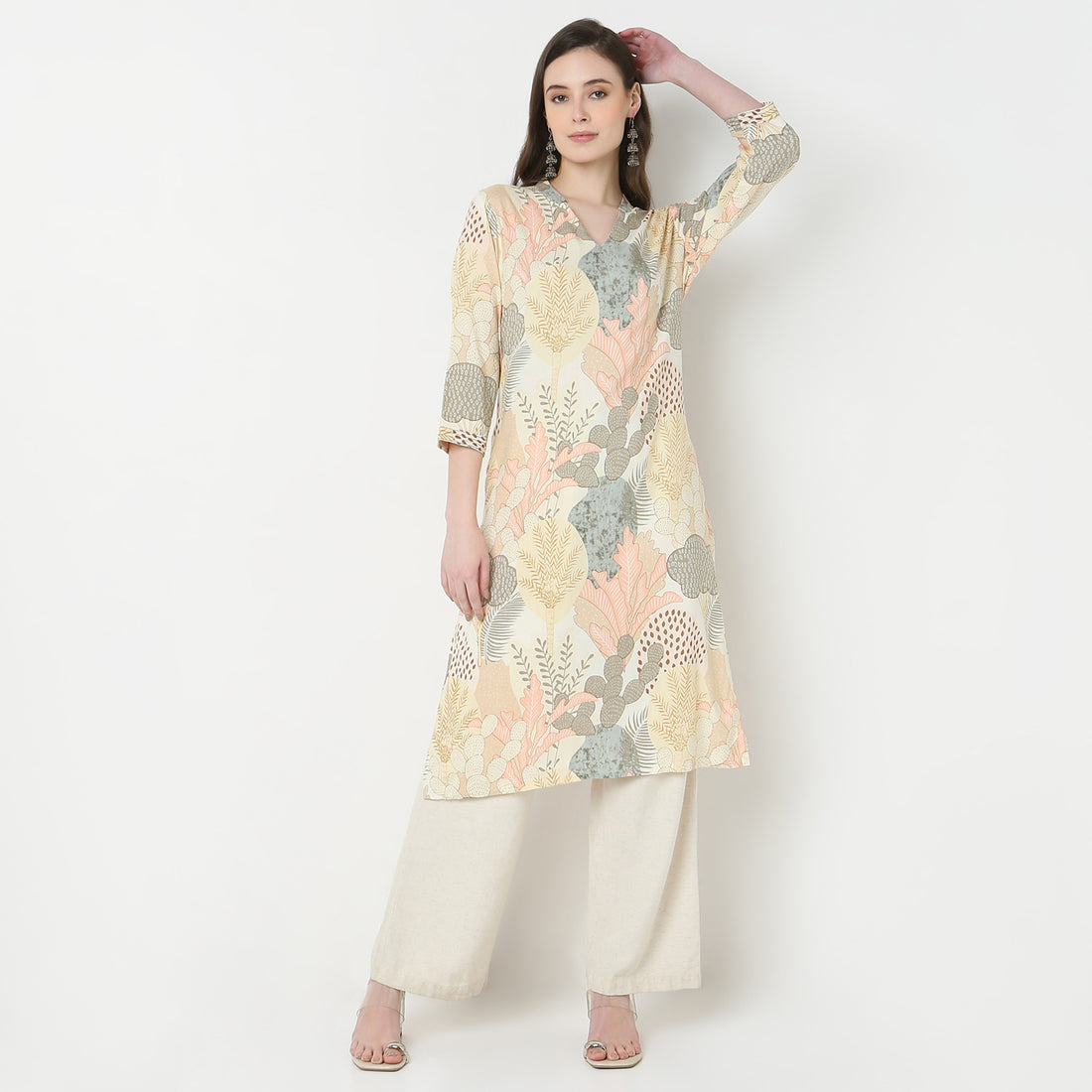 V-Neck Notch Collar Printed Kurta