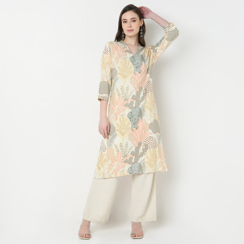 V-Neck Notch Collar Printed Kurta