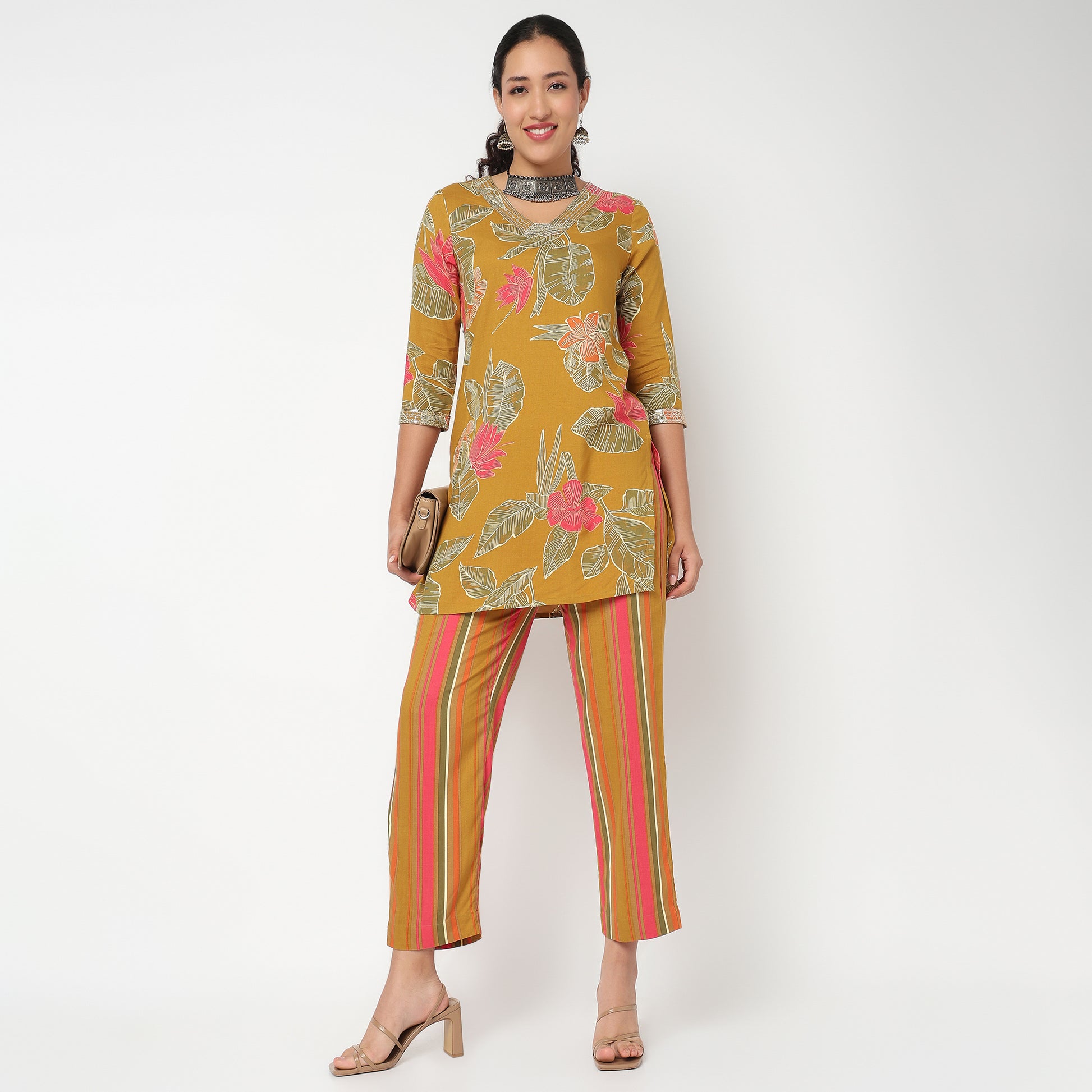 Floral Print Mid Length Cord Kurta