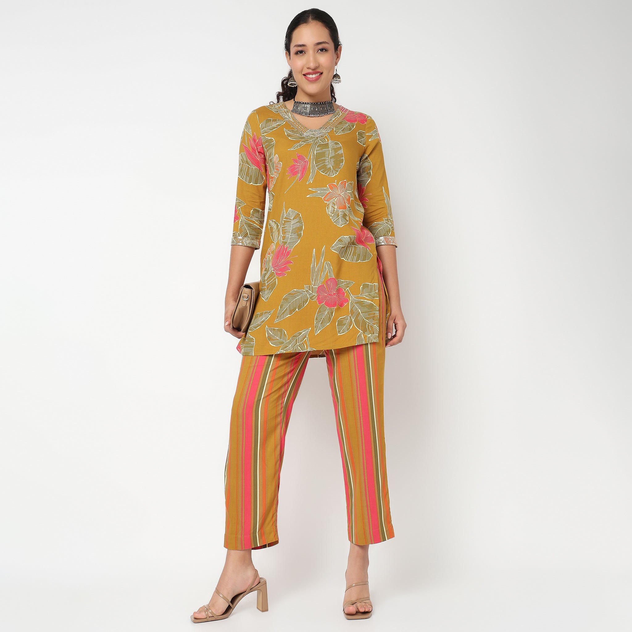 Floral Print Mid Length Cord Kurta