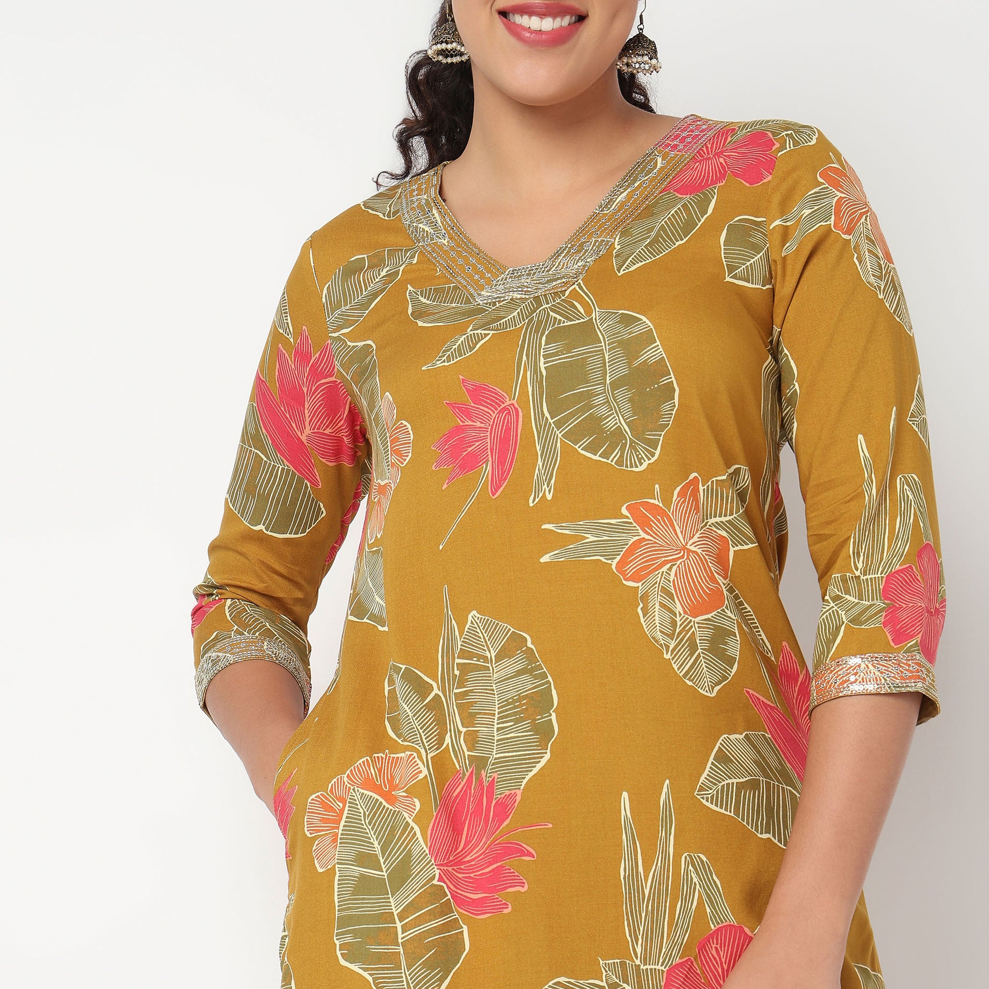 Floral Print Mid Length Cord Kurta
