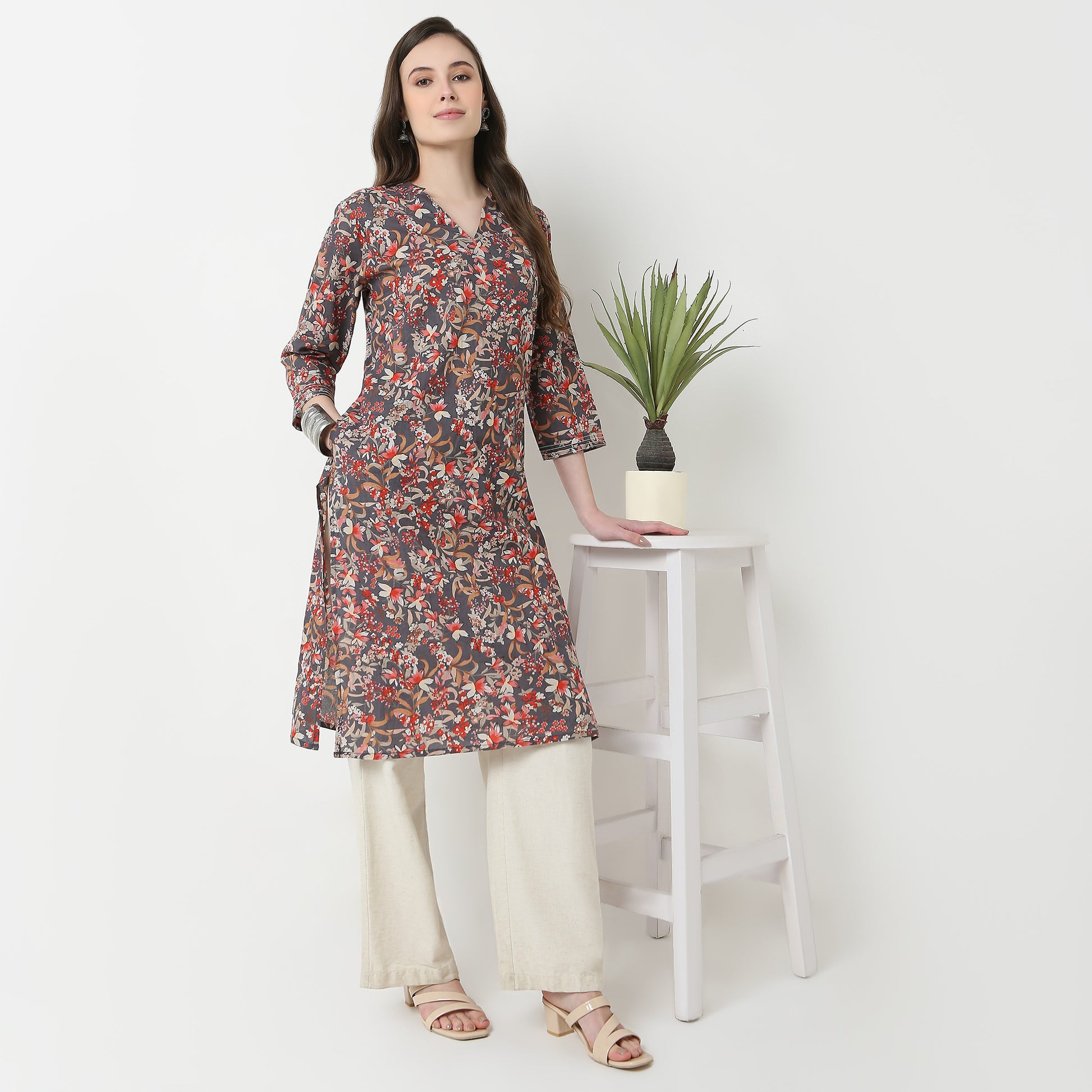 V-Neck Notch Collar Printed Kurta