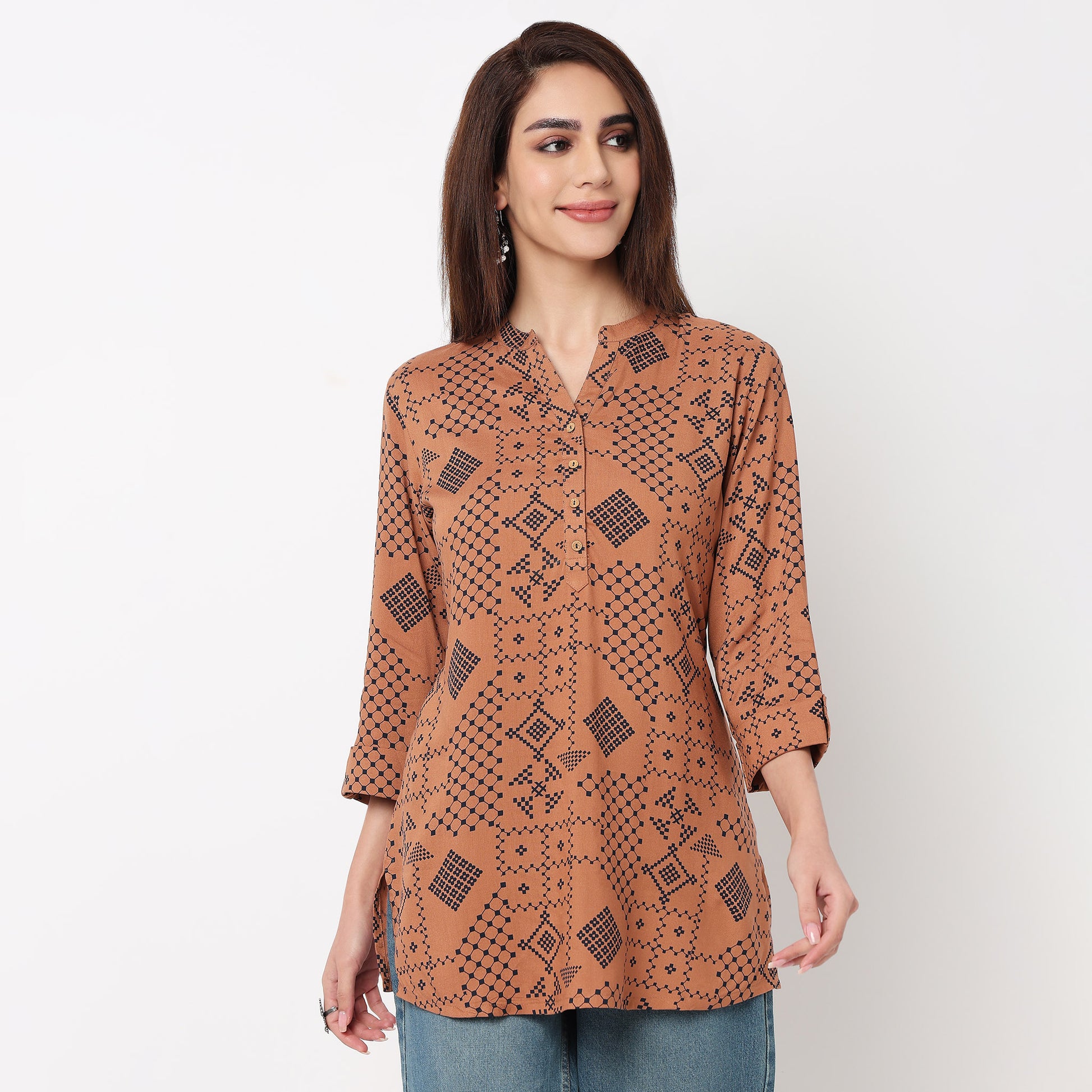 Half Placket Printed Short Kurta 