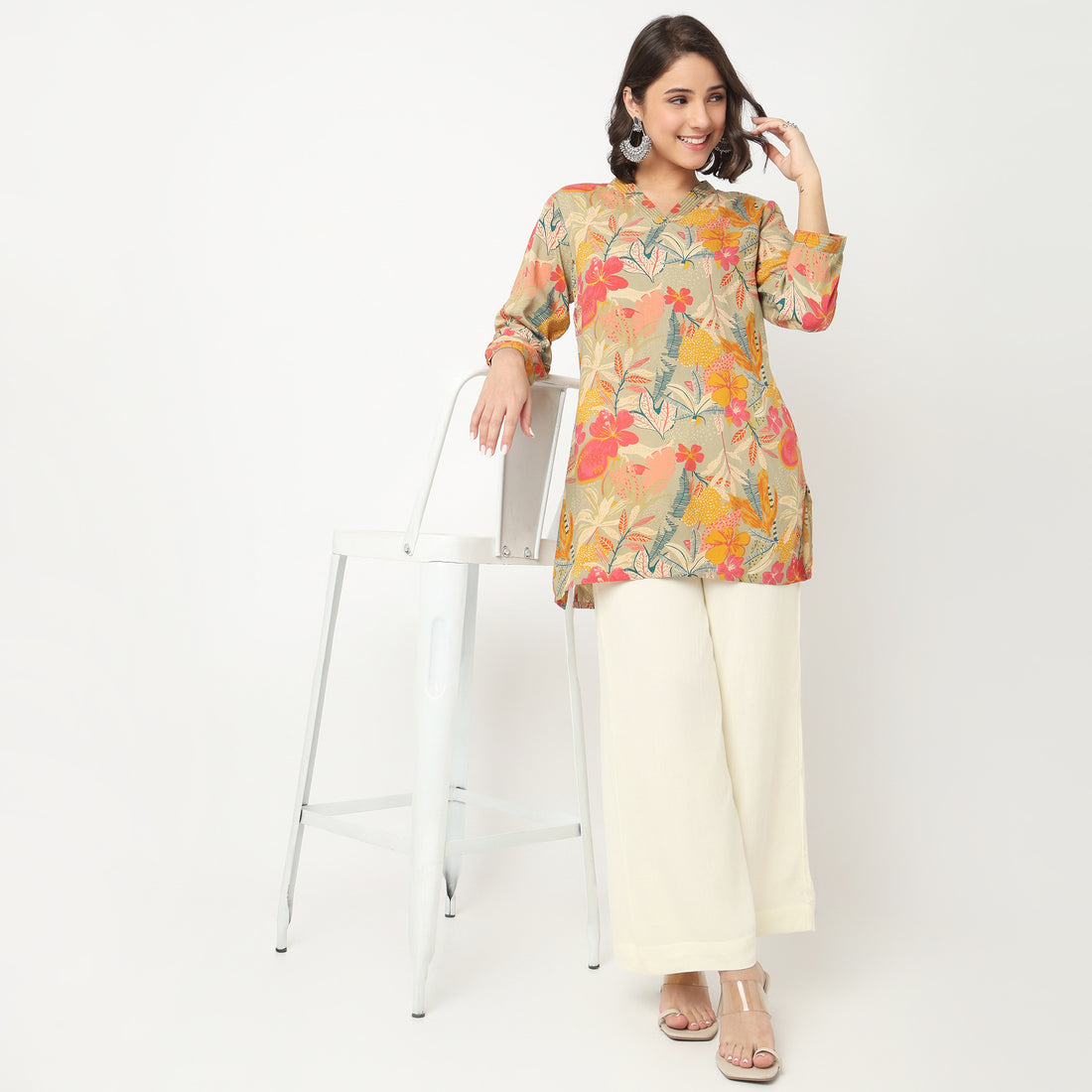 V-Neck Printed Couching Short Kurta