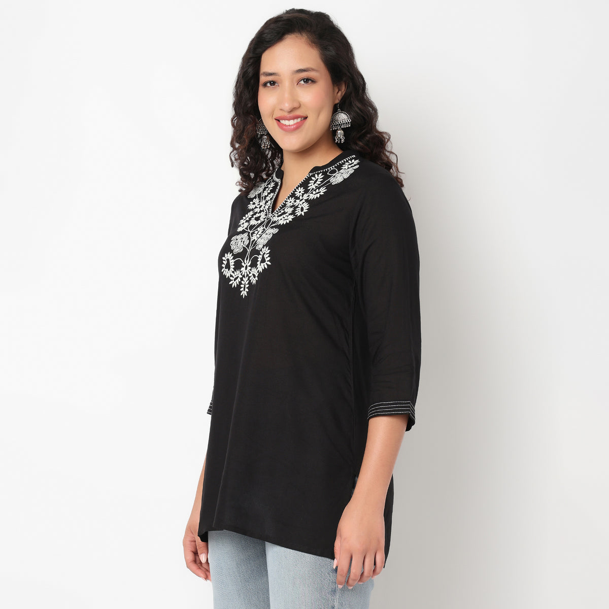 Embroidered V Neck Short Kurti