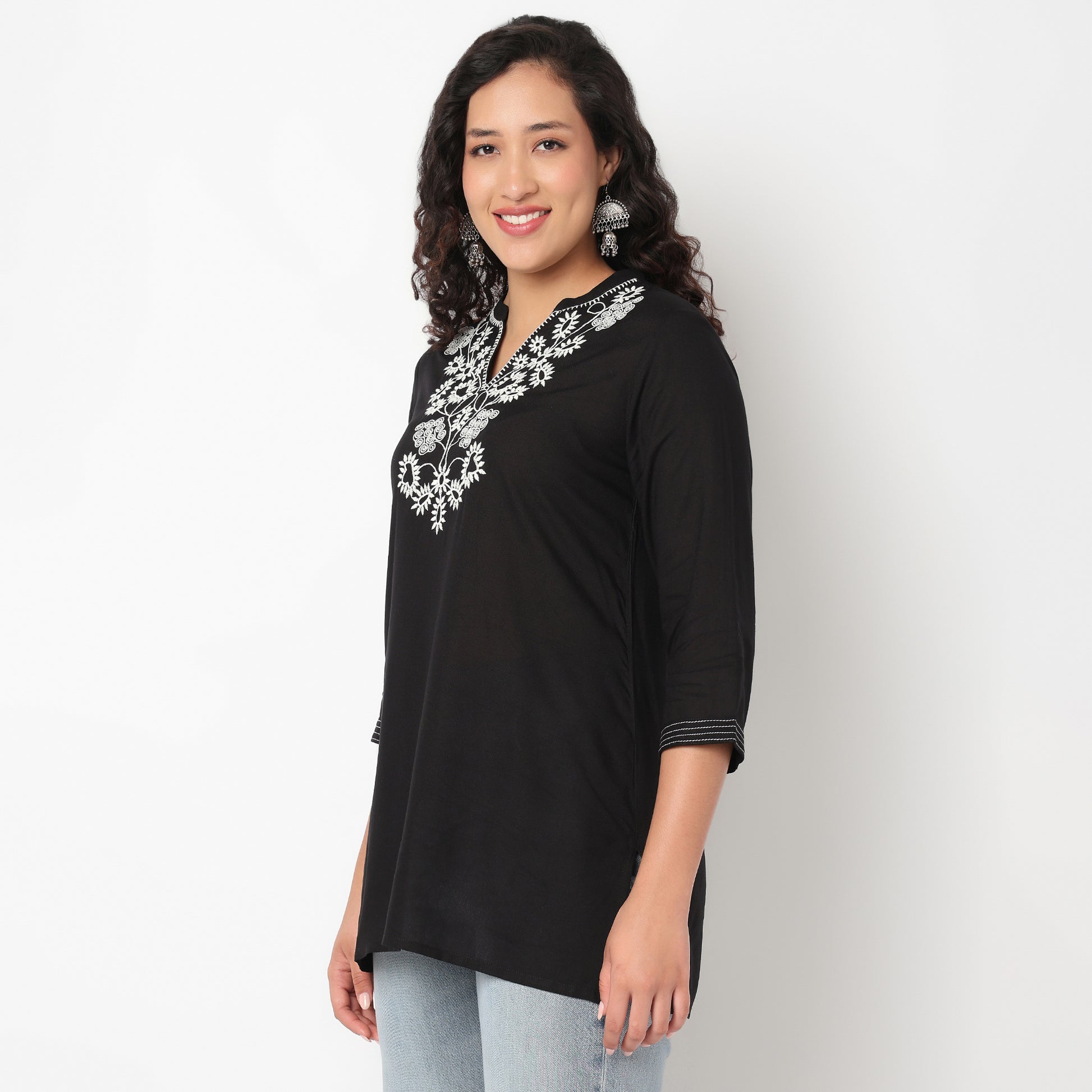 Embroidered V Neck Short Kurti