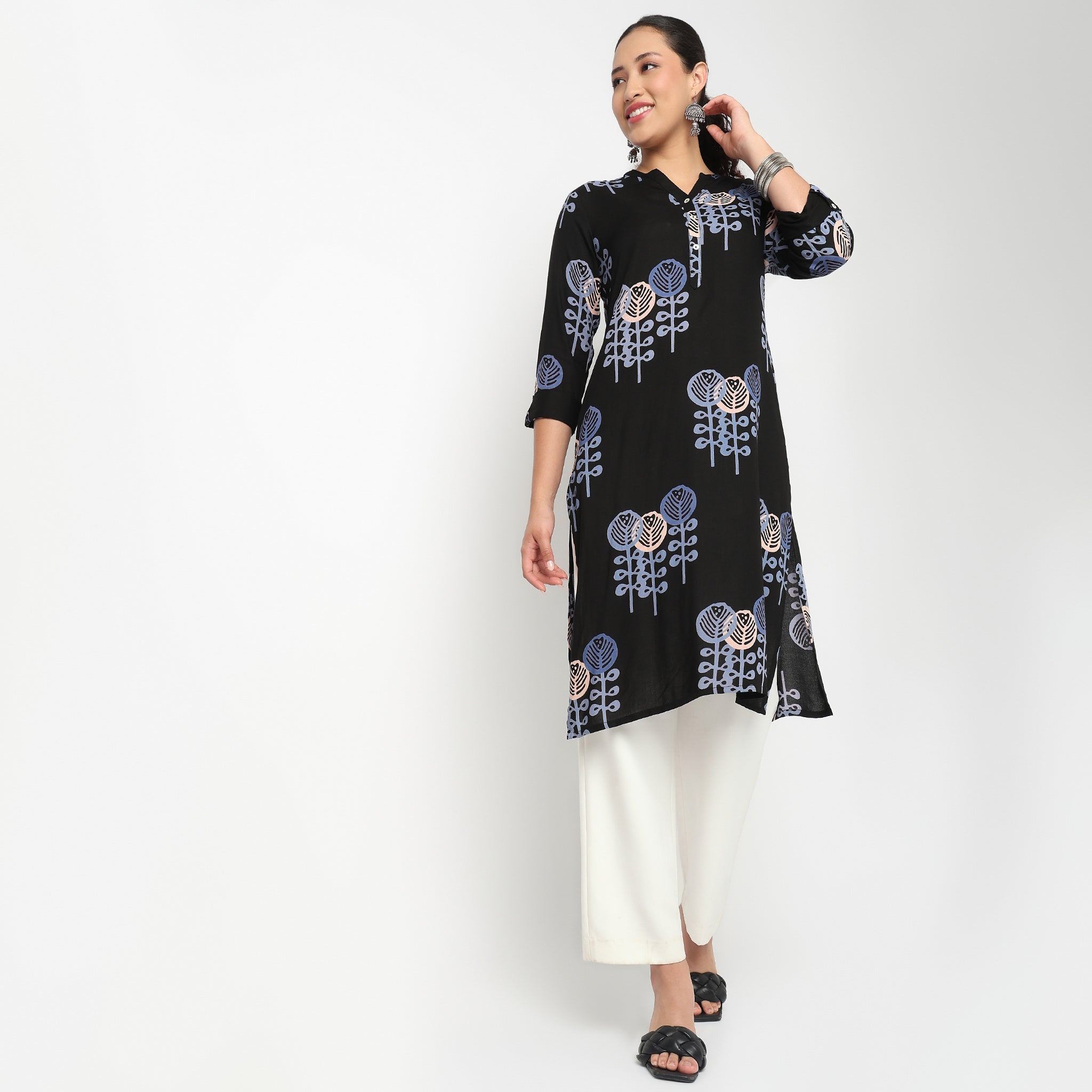 Printed Half Placket Long Kurta
