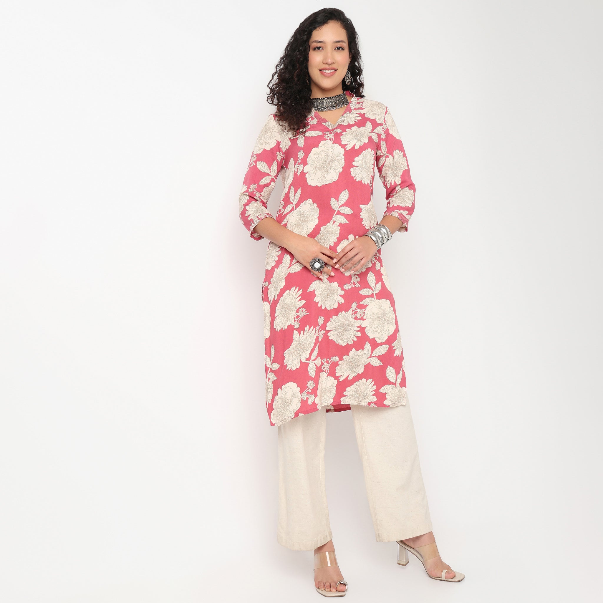 V Neck Floral Long Kurta
