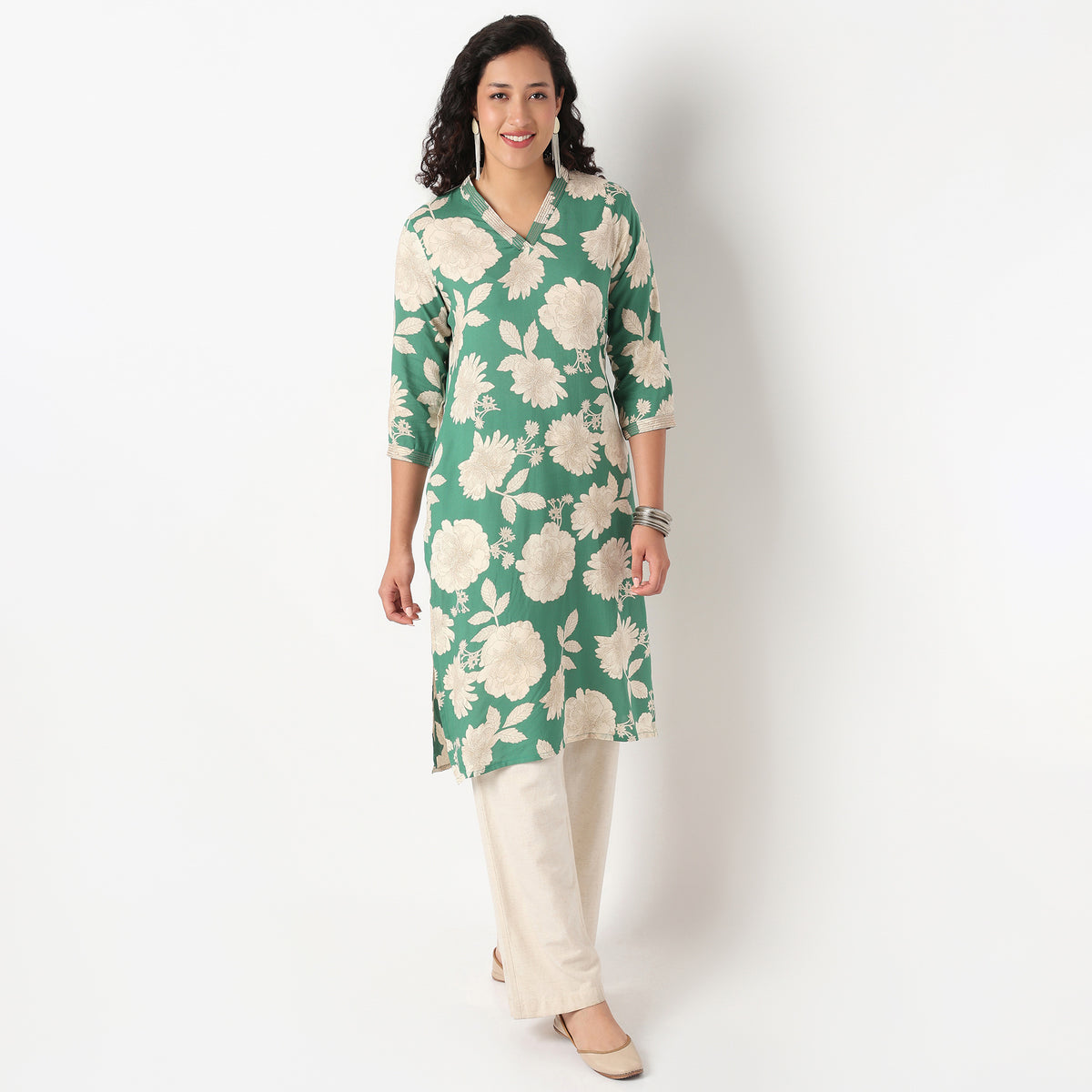 V Neck Floral Long Kurta