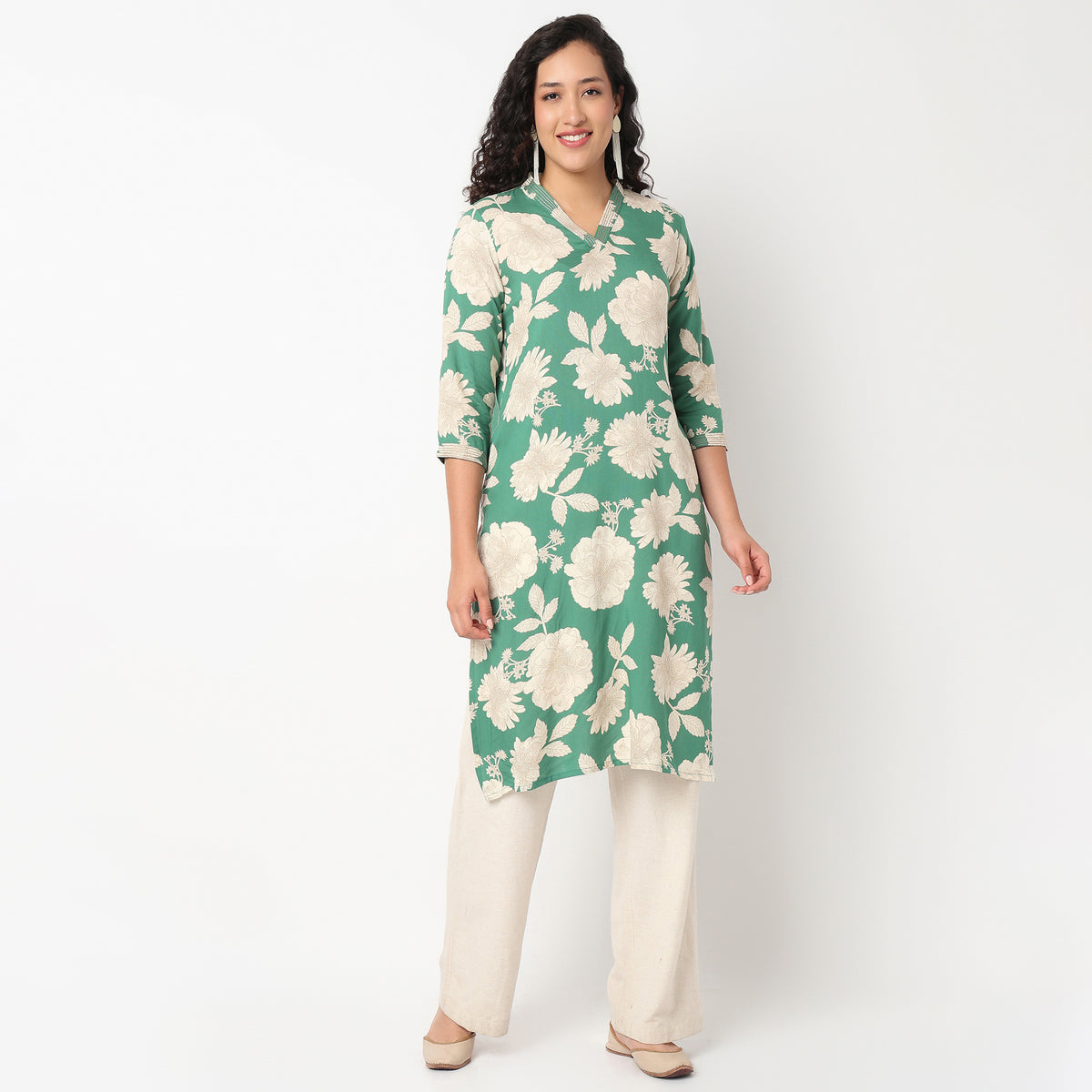 V Neck Floral Long Kurta