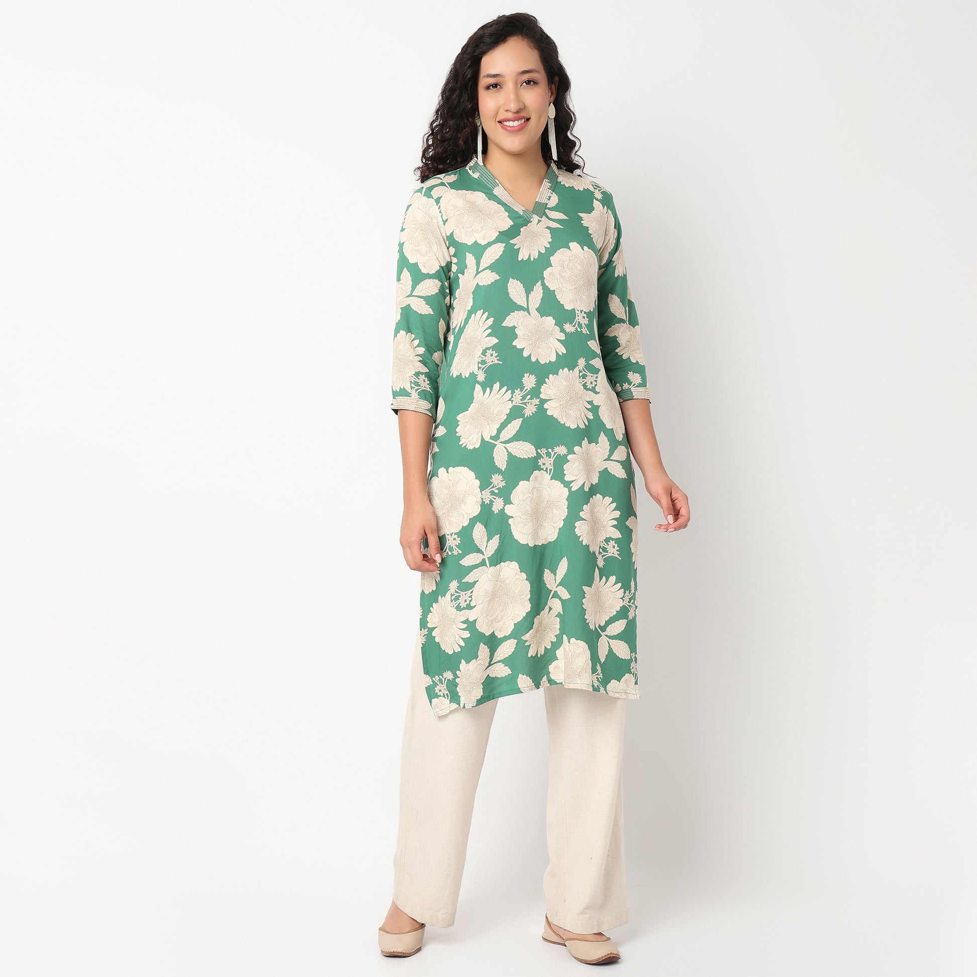 V Neck Floral Long Kurta