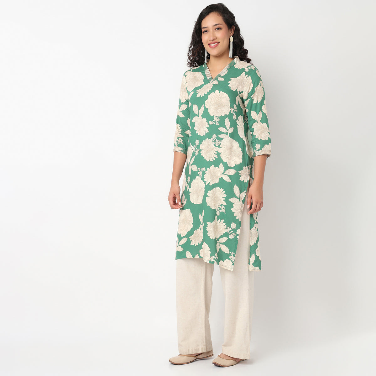 V Neck Floral Long Kurta