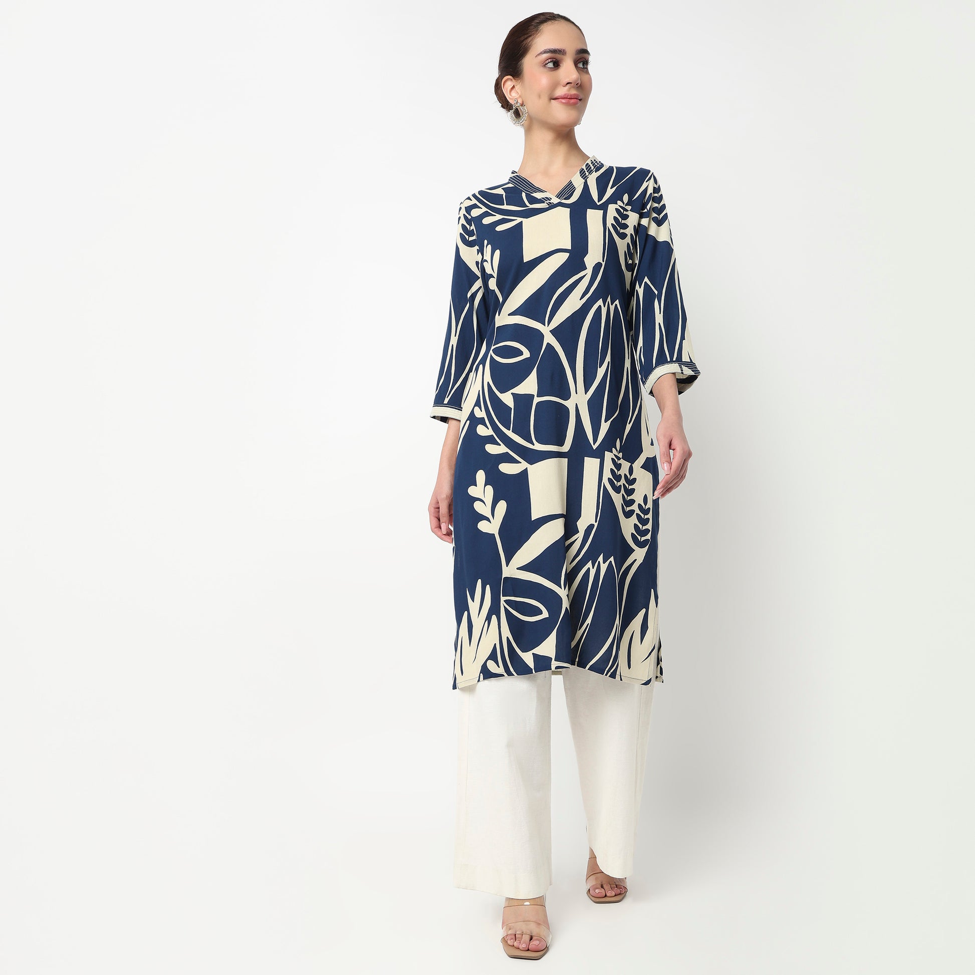 V-Neck Printed Slit Long Kurta