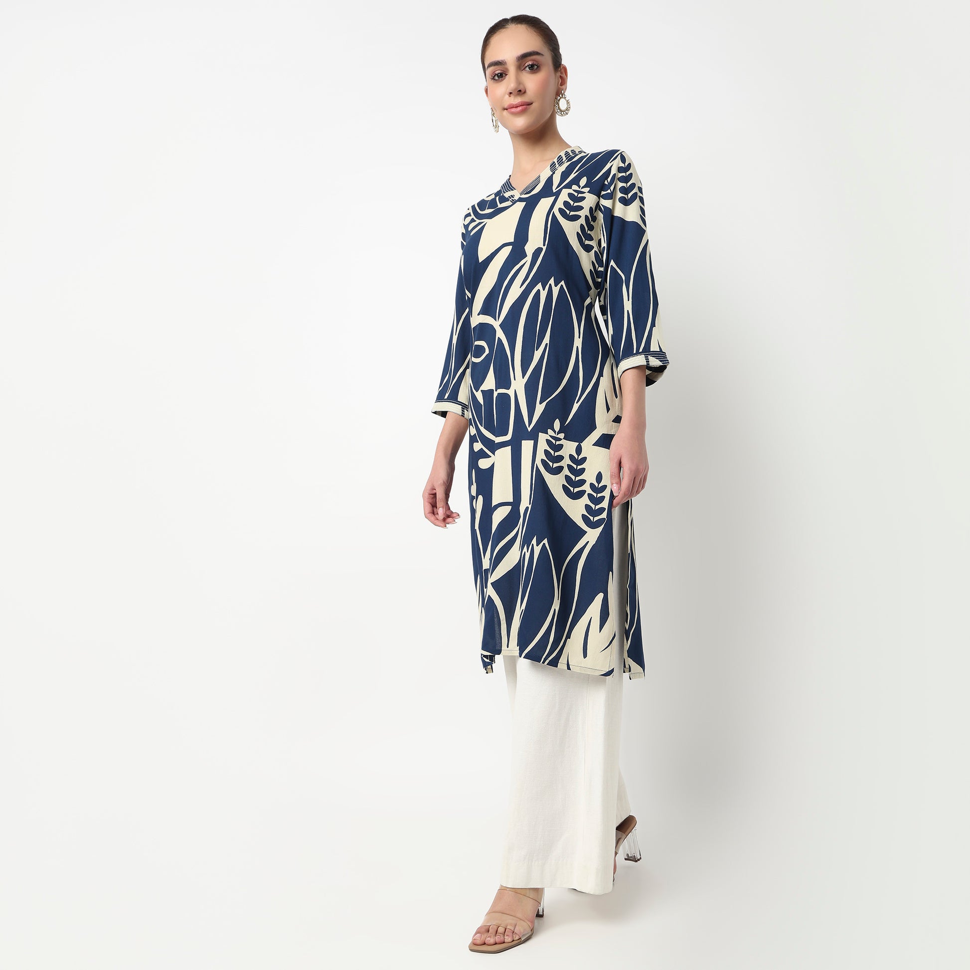 V-Neck Printed Slit Long Kurta