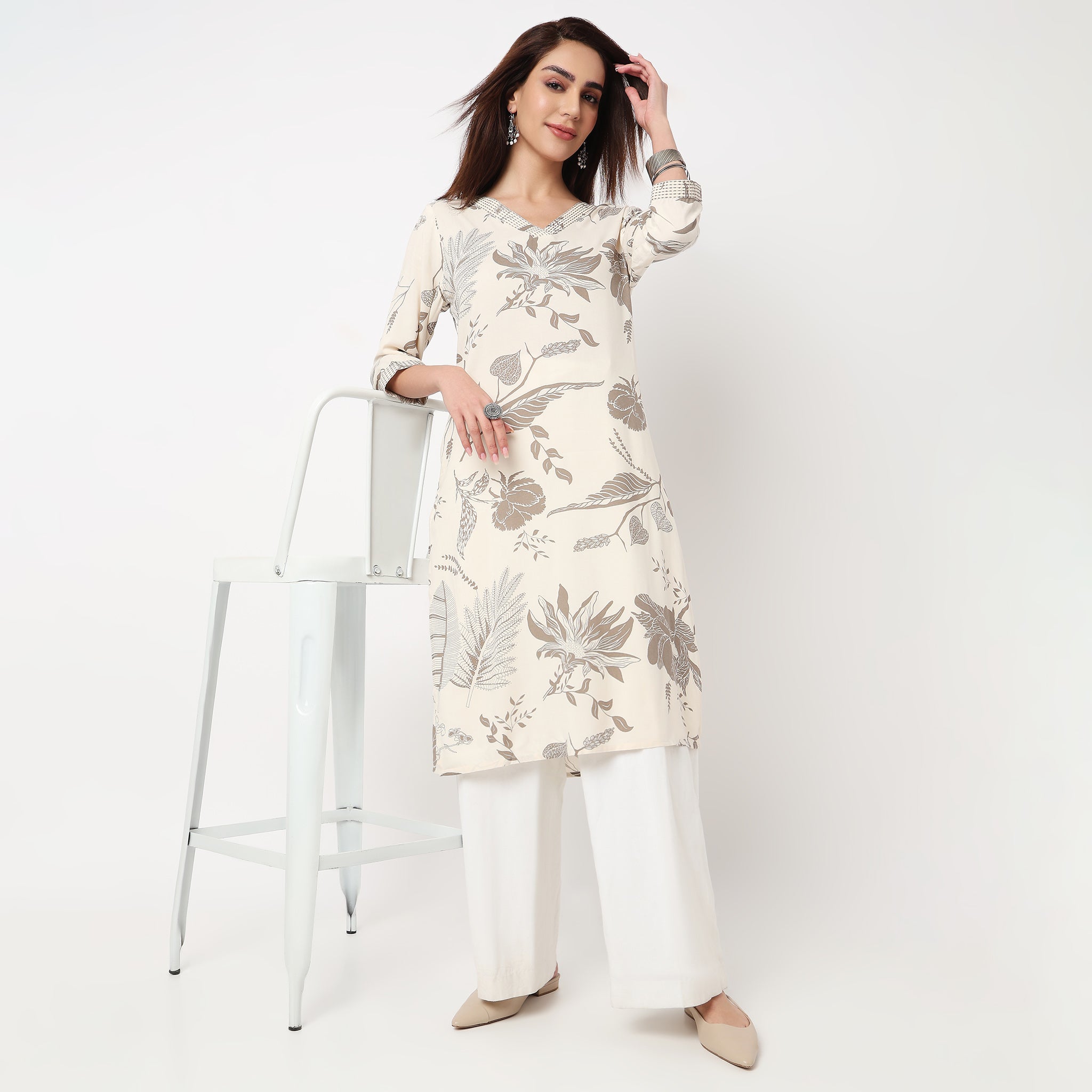 V-Neck With Couching Long Kurta