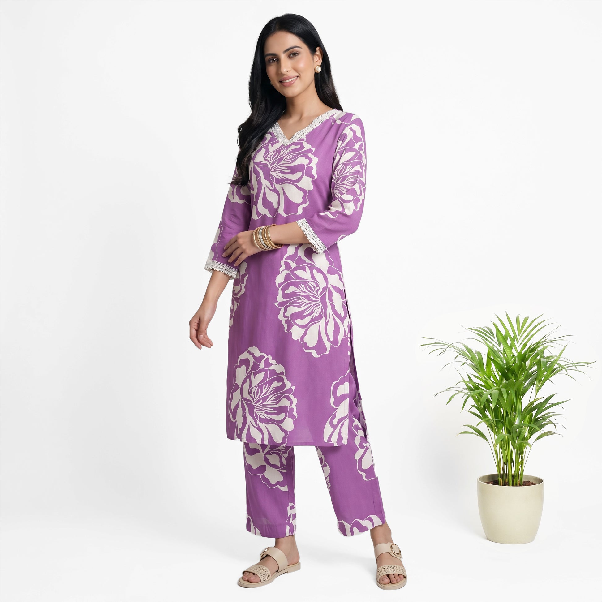 Printed V-Neck Long Kurta