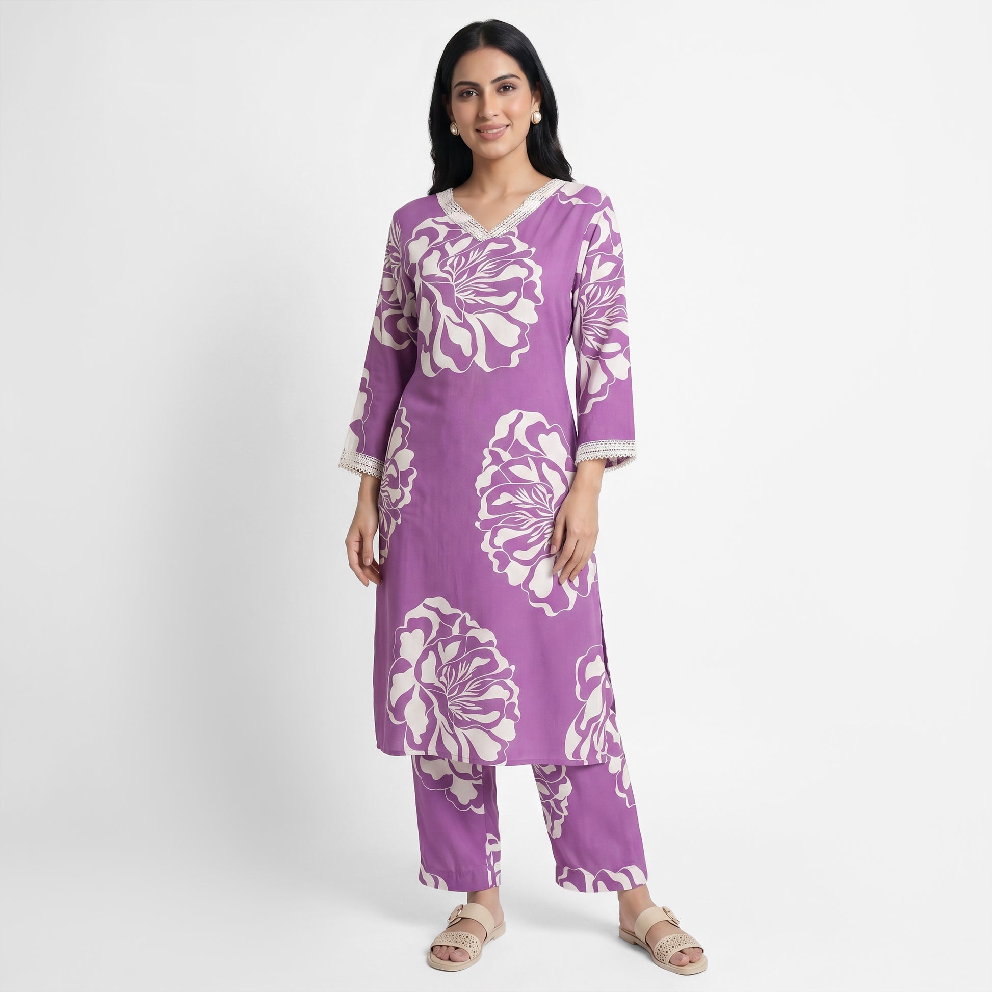 Printed V-Neck Long Kurta