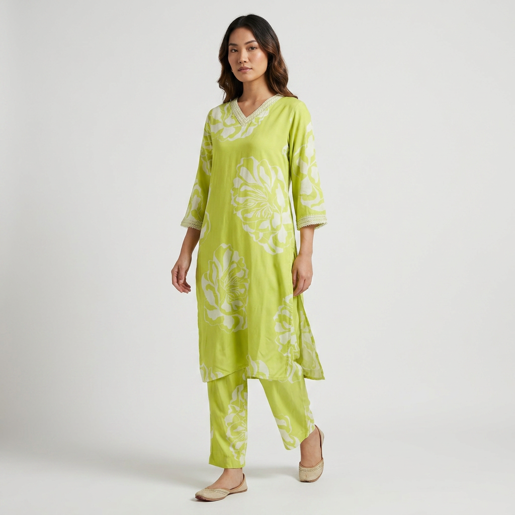 Printed V-Neck Long Kurta