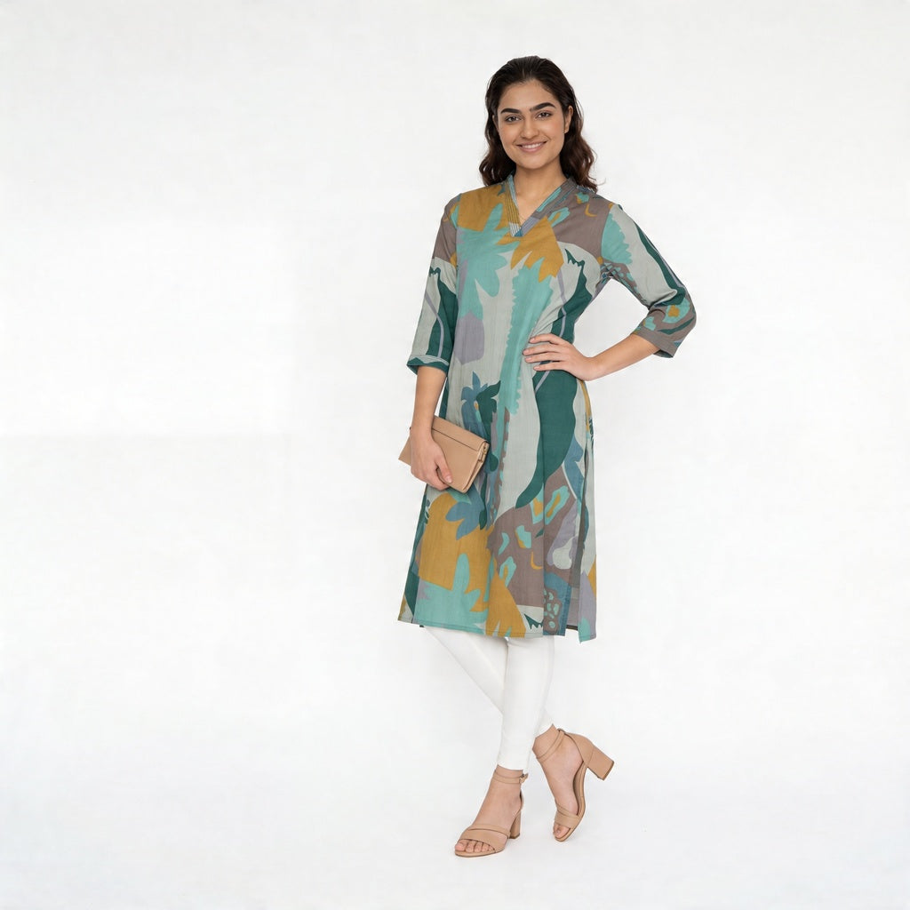 Cotton V-Neck Long Kurta