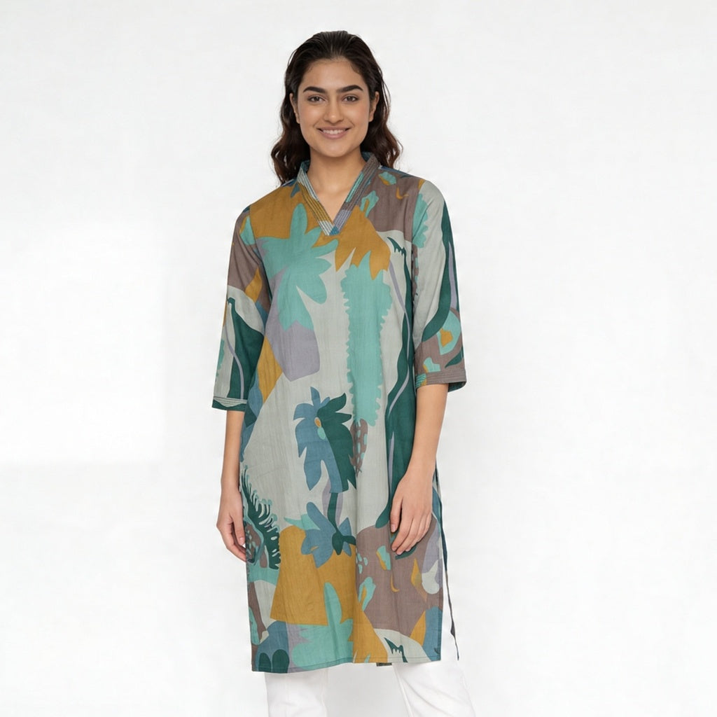 Cotton V-Neck Long Kurta