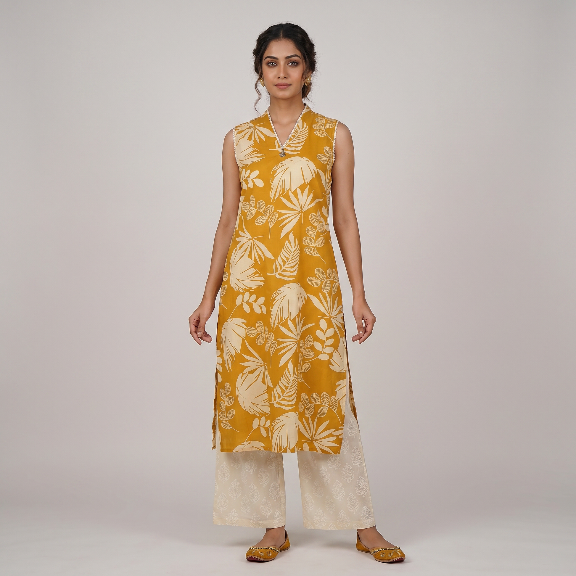 Cotton Printed V-Neck Kurta