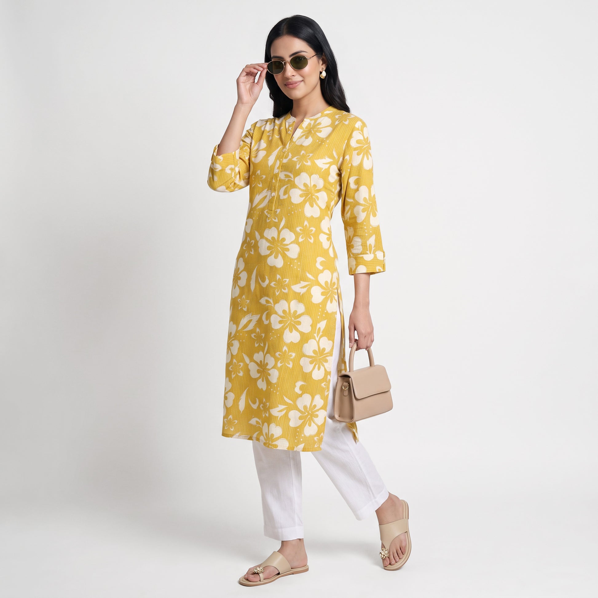 Half Placket Printed Long Kurta