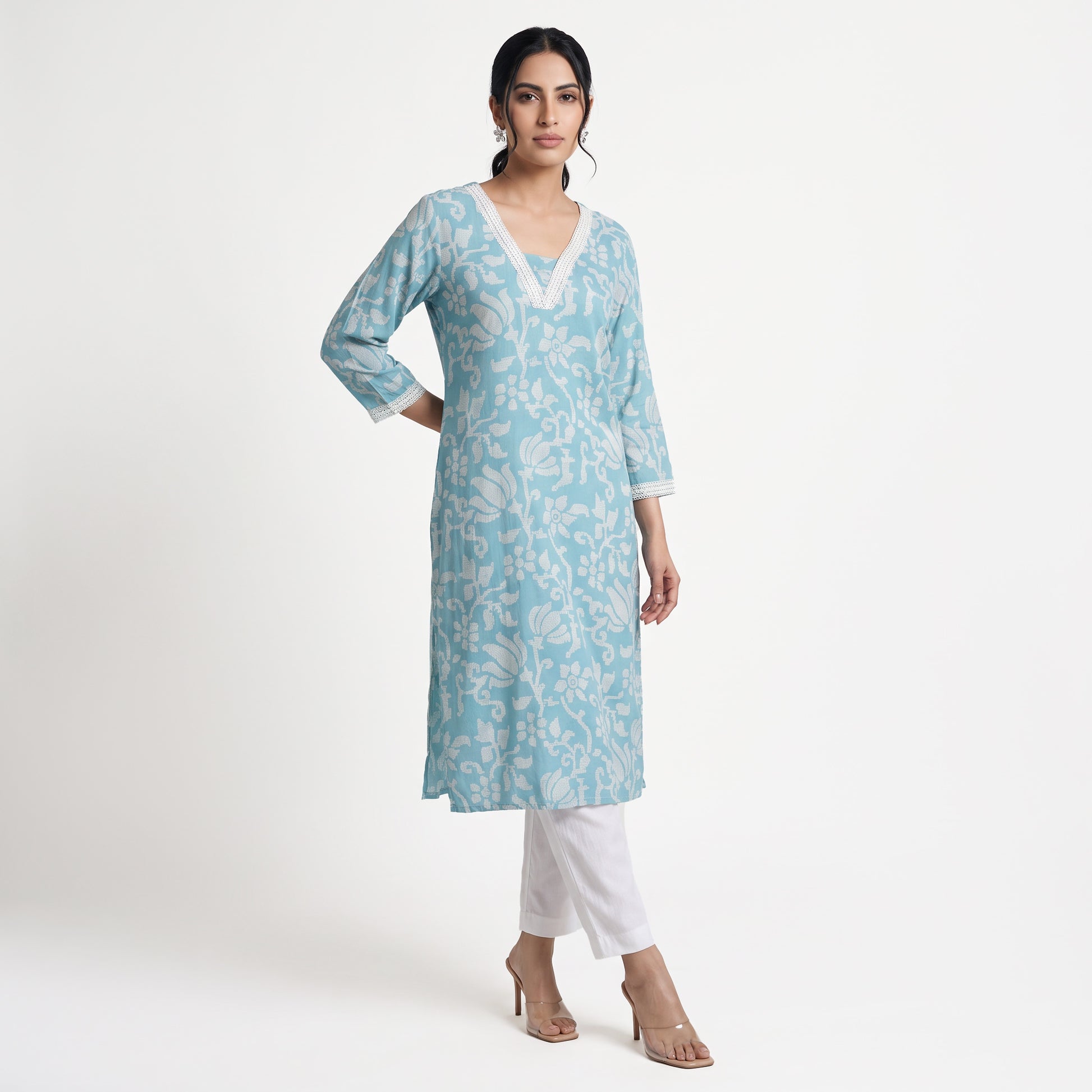 Printed V-Neck Long Kurta