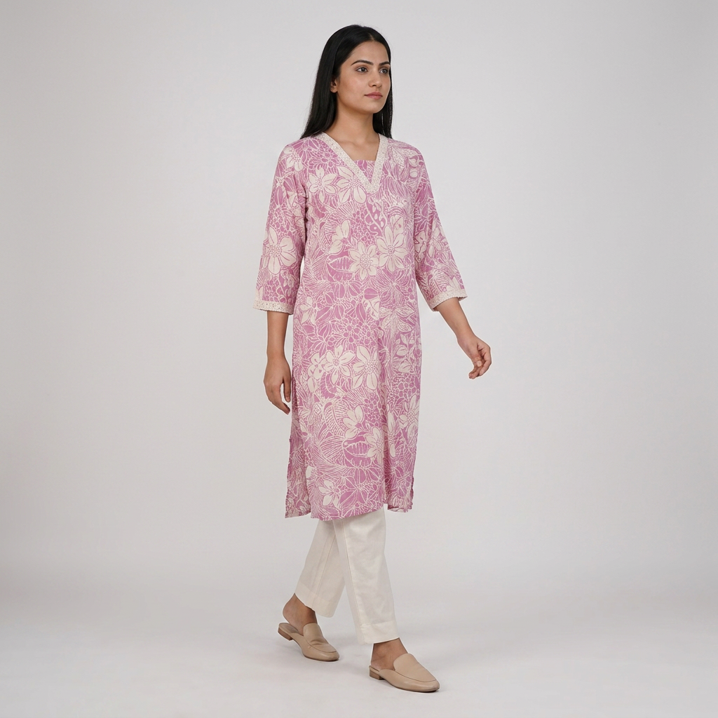 Printed V-Neck Long Kurta