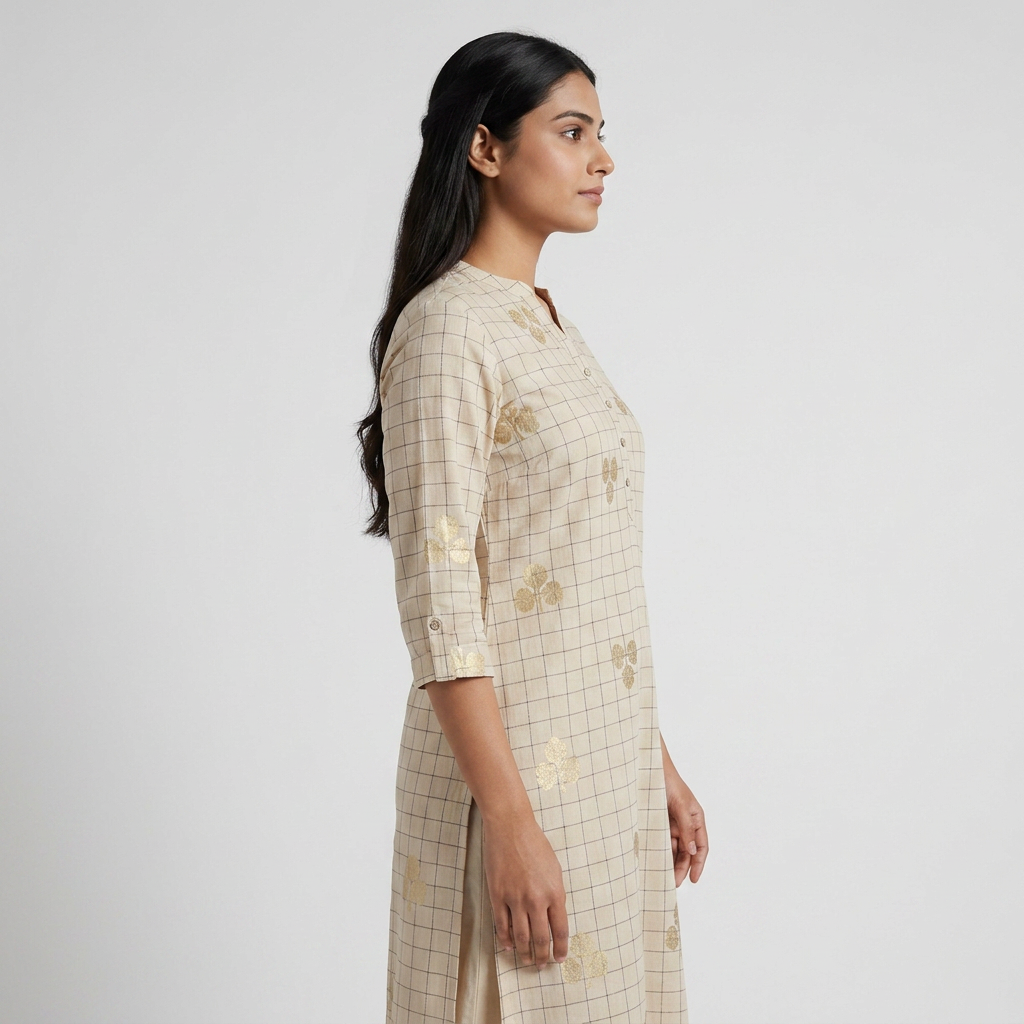 Printed V Notch Half Placket Long Kurta