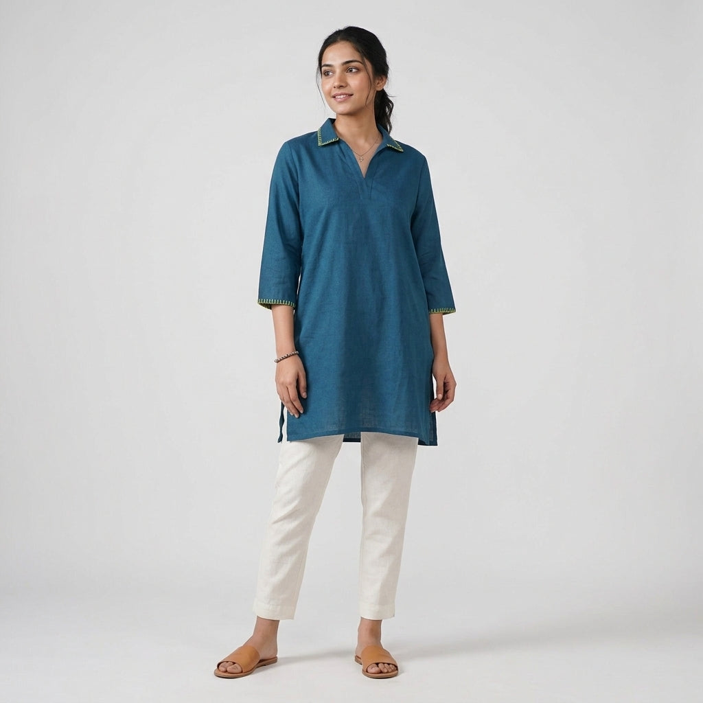 Embroidered Shirt Collar Short Kurta