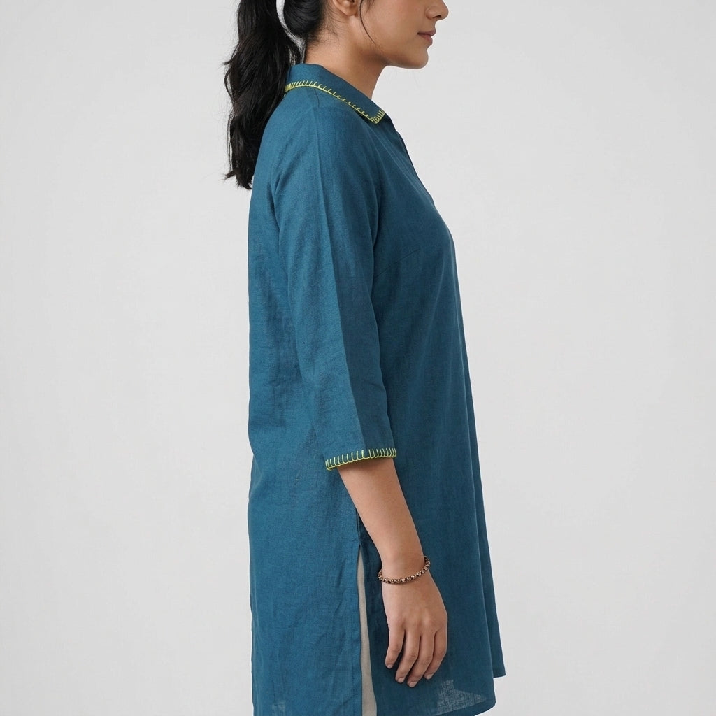 Embroidered Shirt Collar Short Kurta