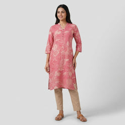 Printed Kurti with Band Collar V Notch Half Placket