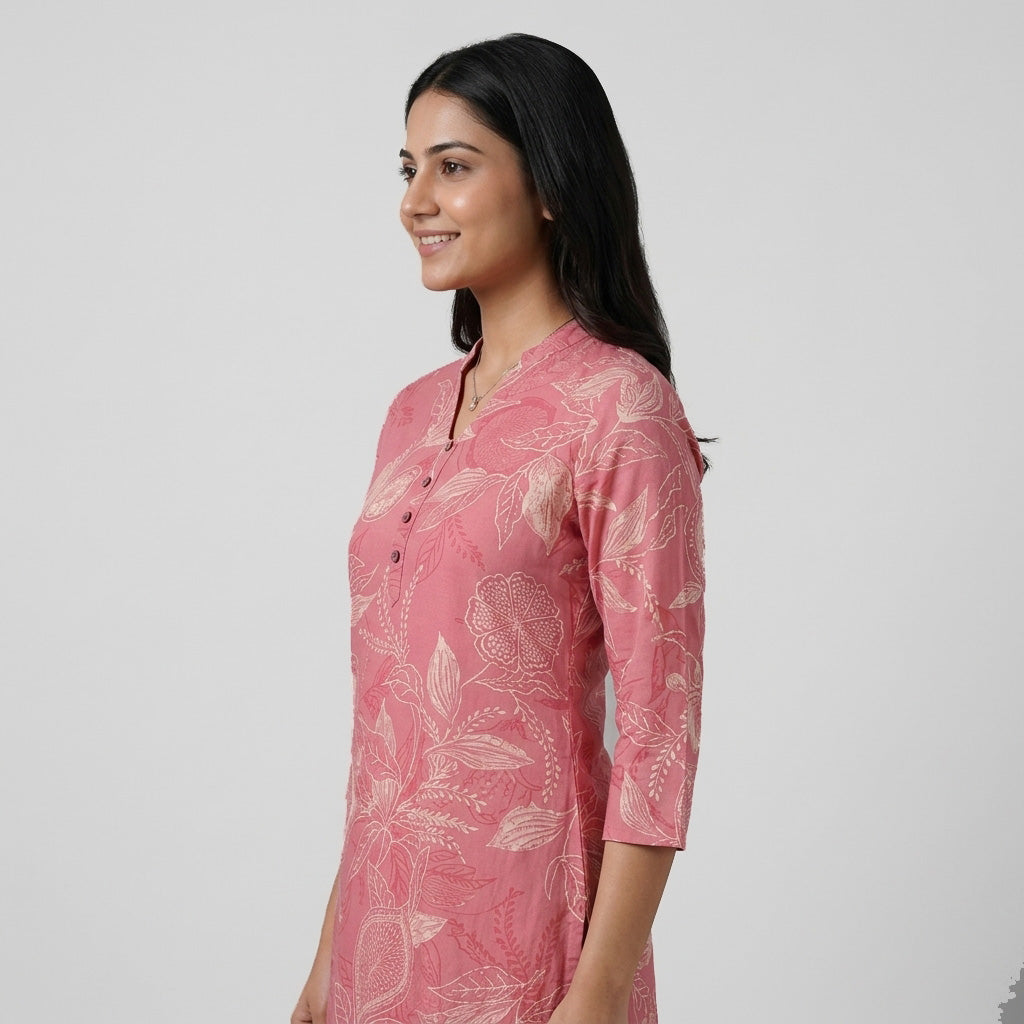 Printed Kurti with Band Collar V Notch Half Placket