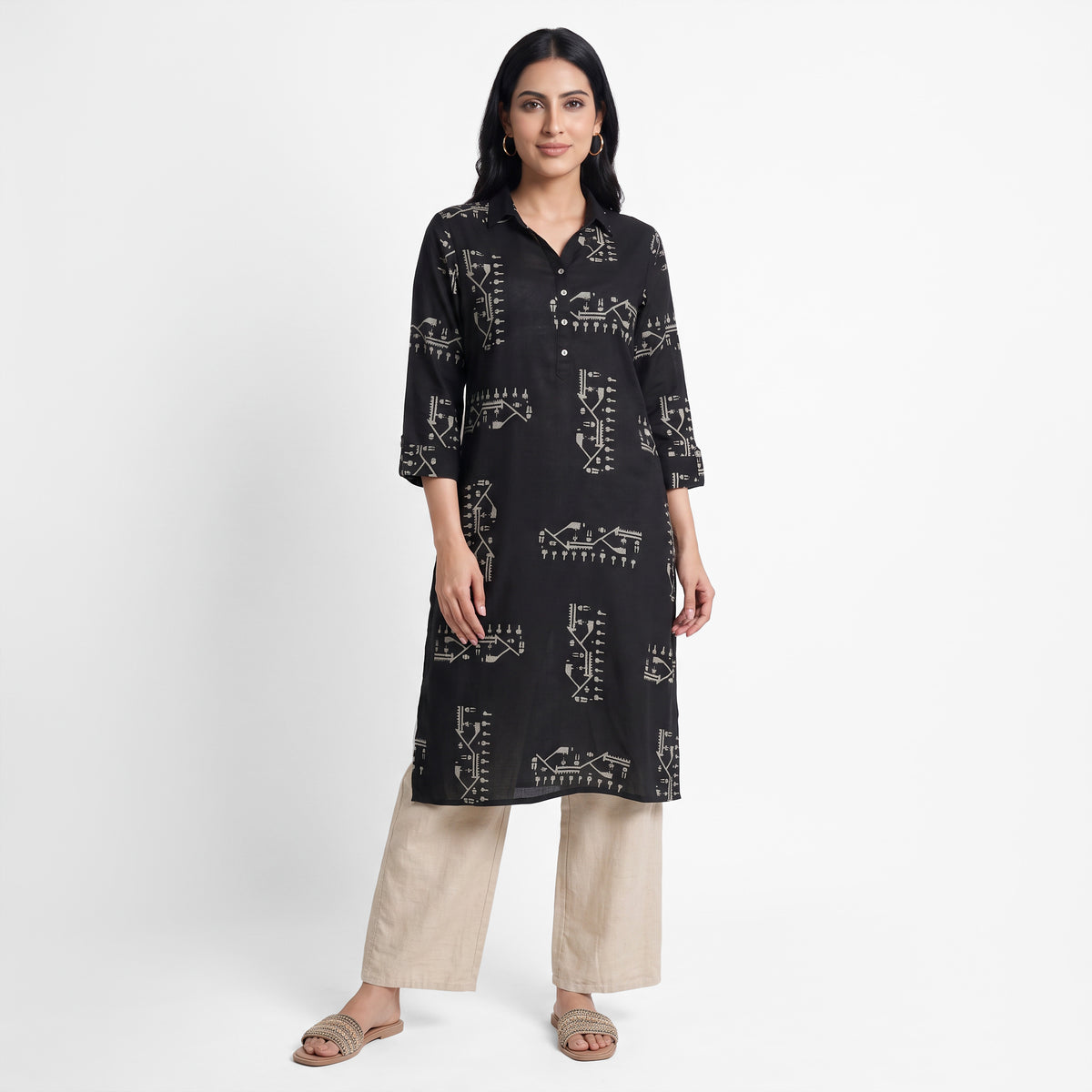 Printed Shirt Collar Straight Kurta
