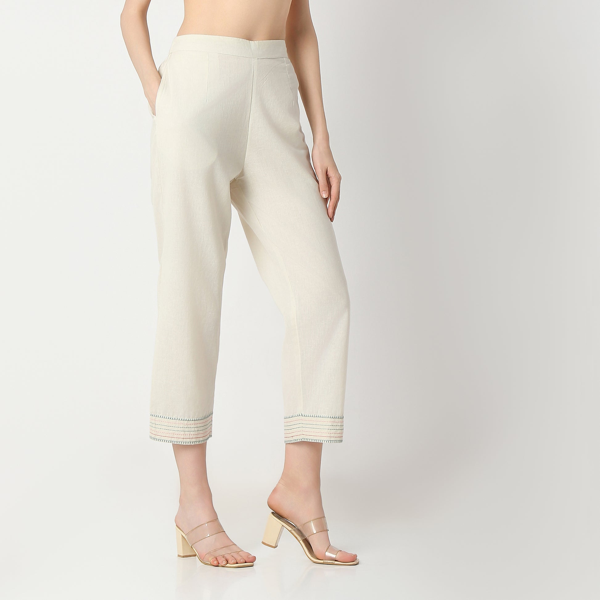 Flare Fit Embroidered Mid Rise Pants