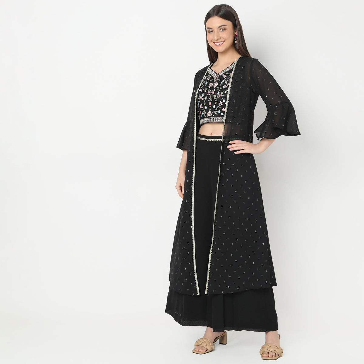 Regular Fit Embroidered Top with Palazzo & with Shrug Set