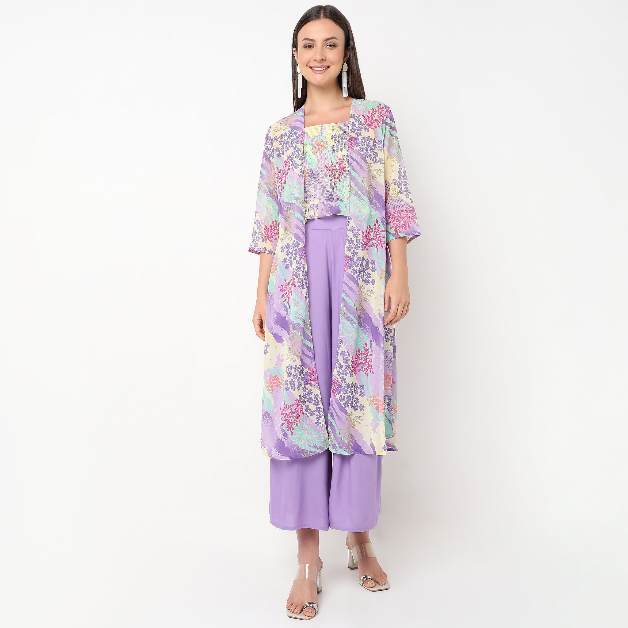 Flare Fit Printed Top with Palazzo and Shrug Set