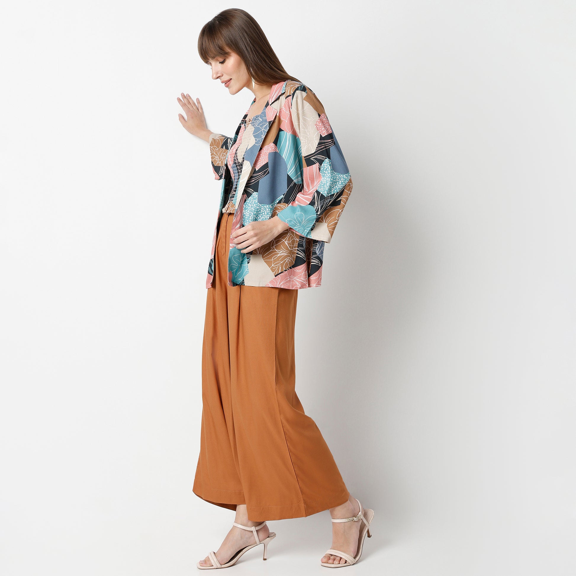 Relaxed Fit Abstract Regular Length Top with Pant & with Shrug Set