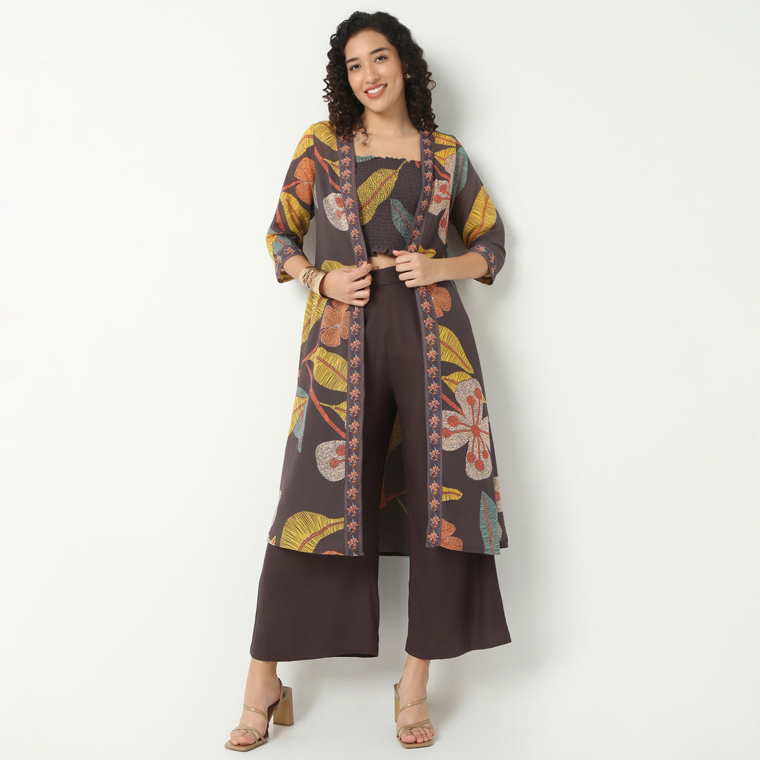 Printed Crop Top with Pant with Shrug Fusion Set