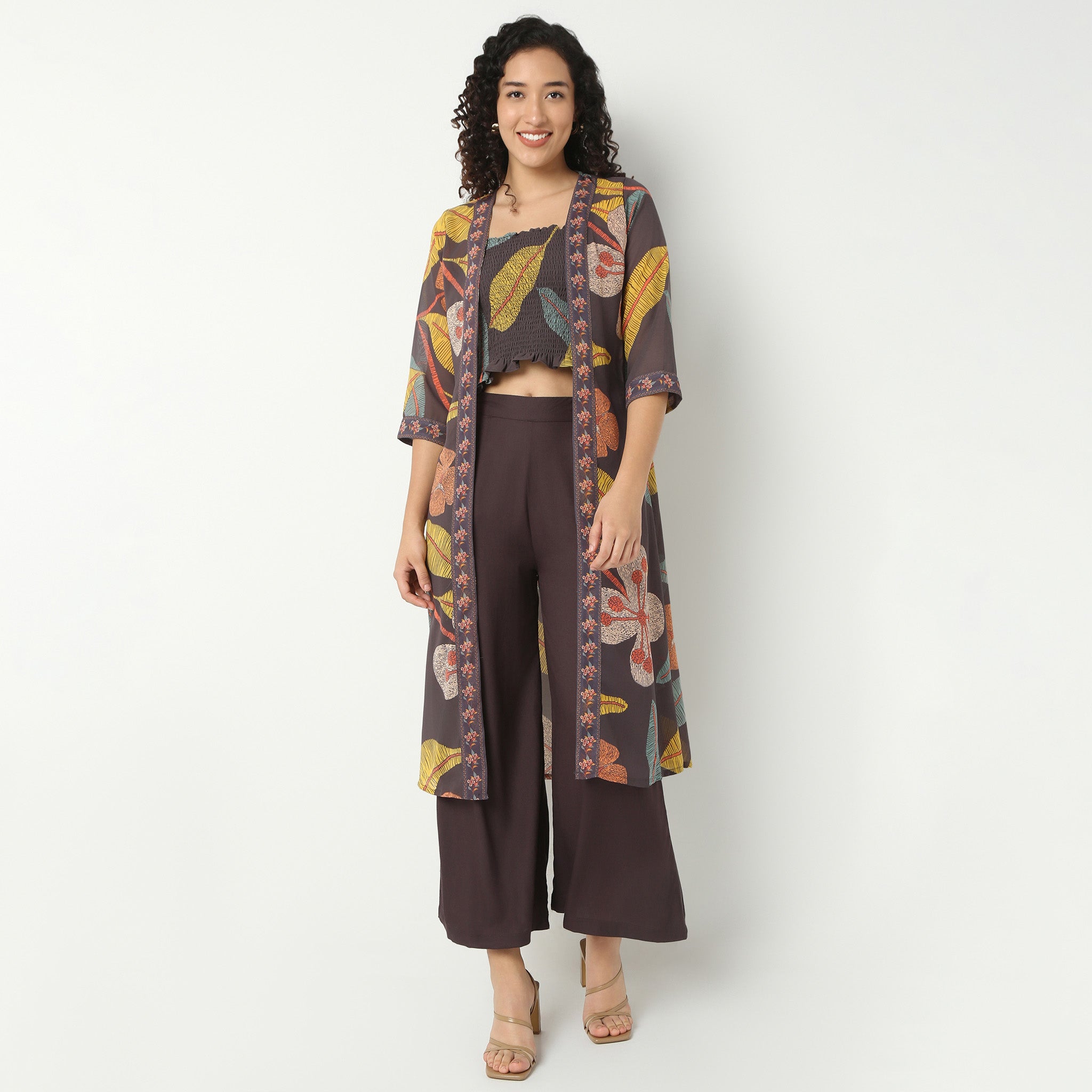 Printed Crop Top with Pant with Shrug Fusion Set