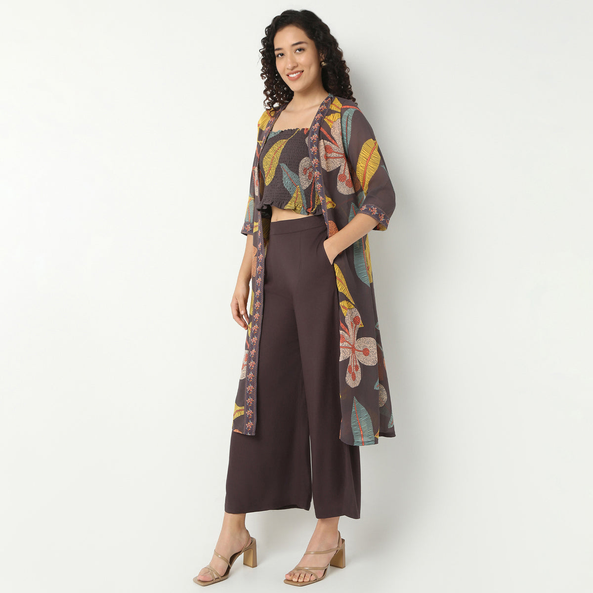 Printed Crop Top with Pant with Shrug Fusion Set