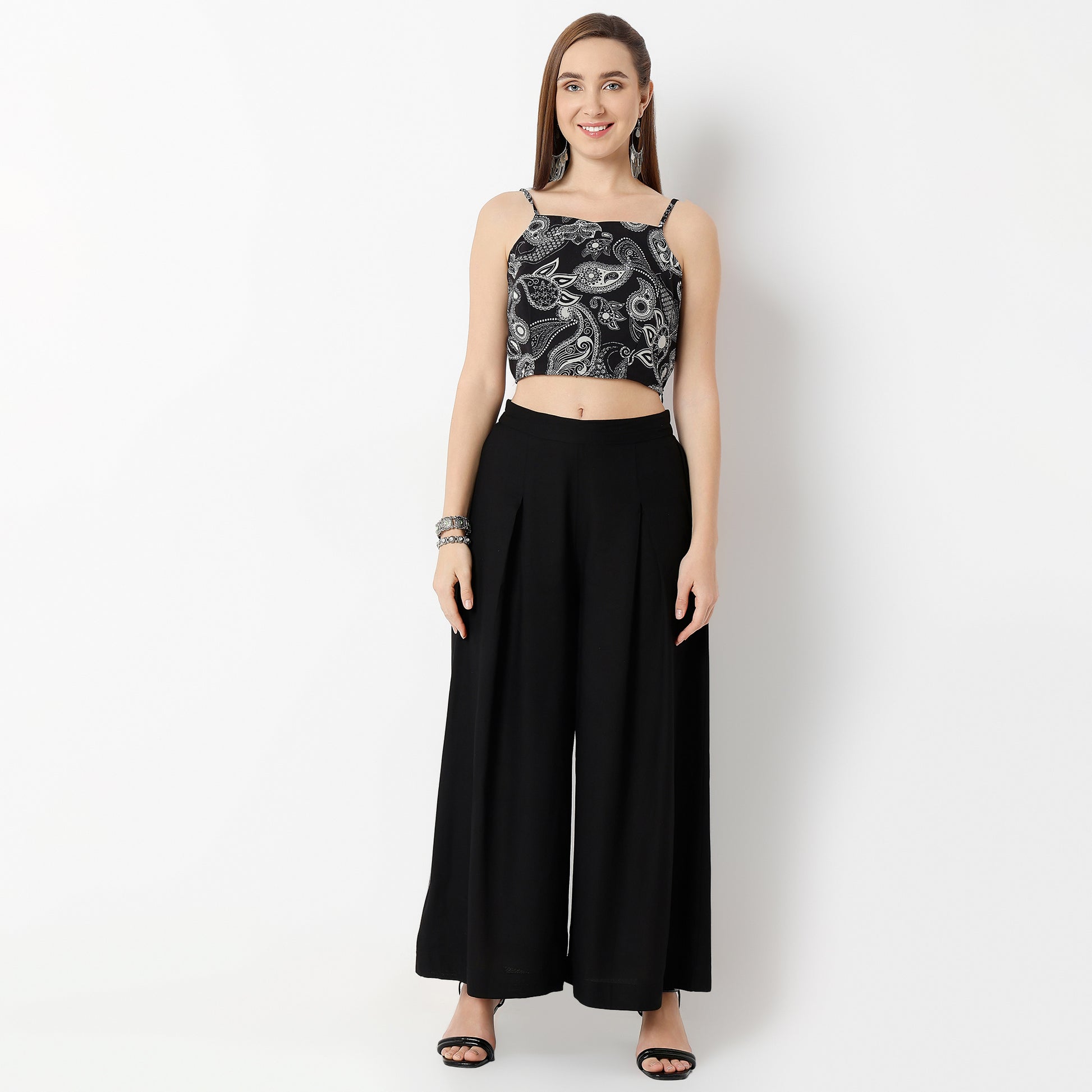 Flare Fit Printed Square Neck Shrug with Crop Top and Pant Set