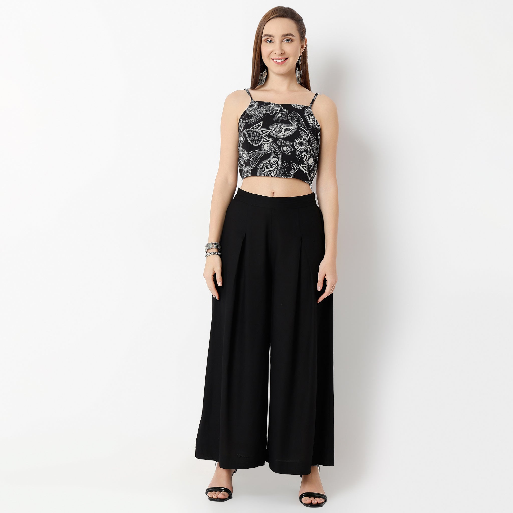 Flare Fit Printed Square Neck Shrug with Crop Top and Pant Set