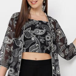Flare Fit Printed Square Neck Shrug with Crop Top and Pant Set