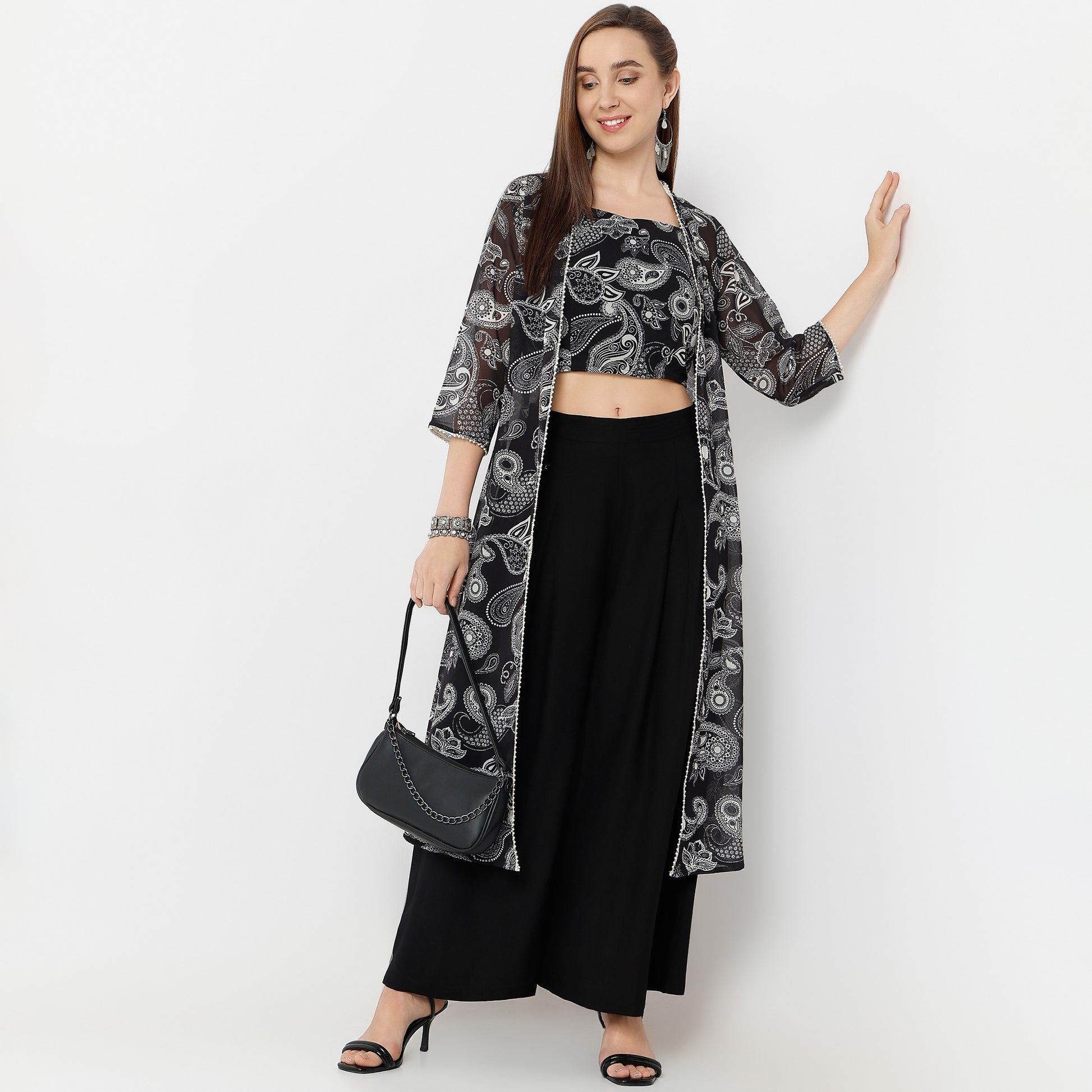 Flare Fit Printed Square Neck Shrug with Crop Top and Pant Set